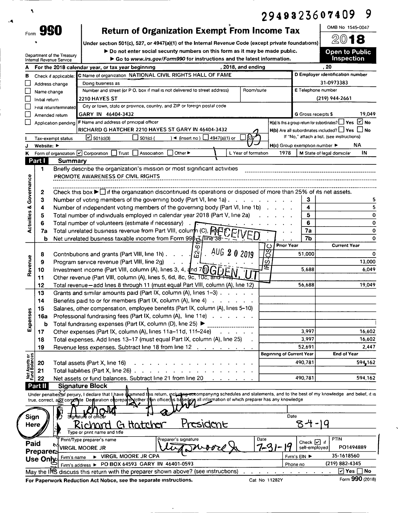 Image of first page of 2018 Form 990 for National Civil Rights Hall of Fame