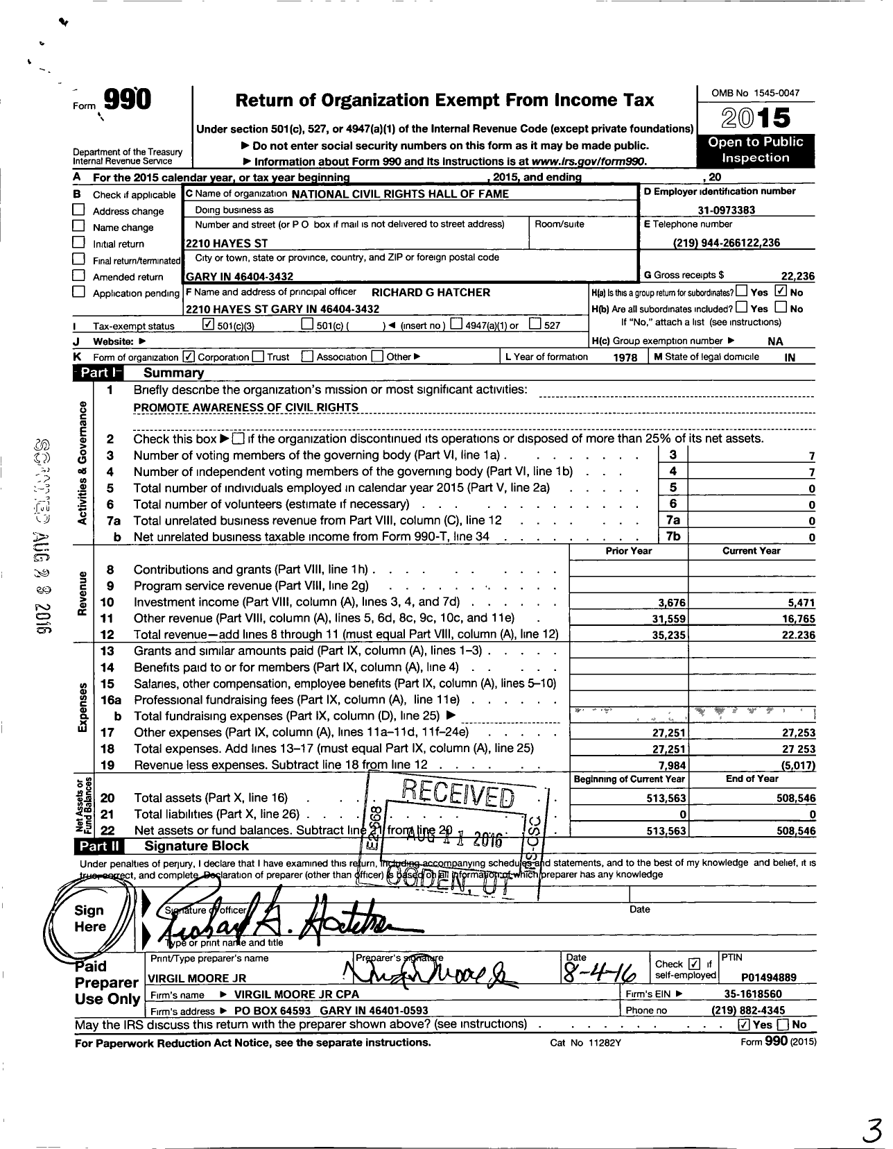 Image of first page of 2015 Form 990 for National Civil Rights Hall of Fame