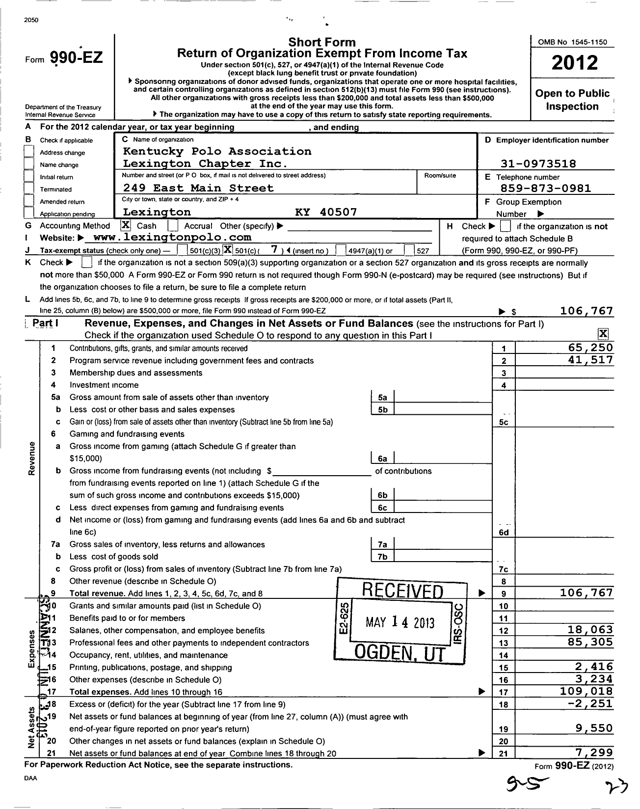 Image of first page of 2012 Form 990EO for Kentucky Polo Association Lexington Chapter