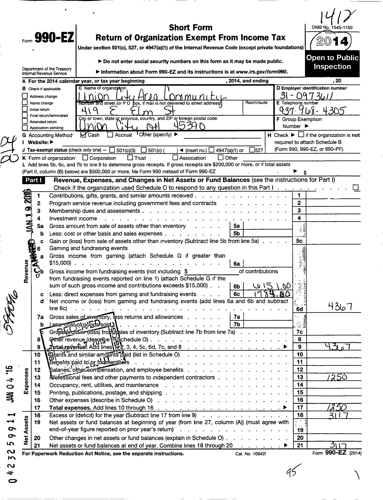 Image of first page of 2014 Form 990EO for Union City Area Community Improvement Corporation