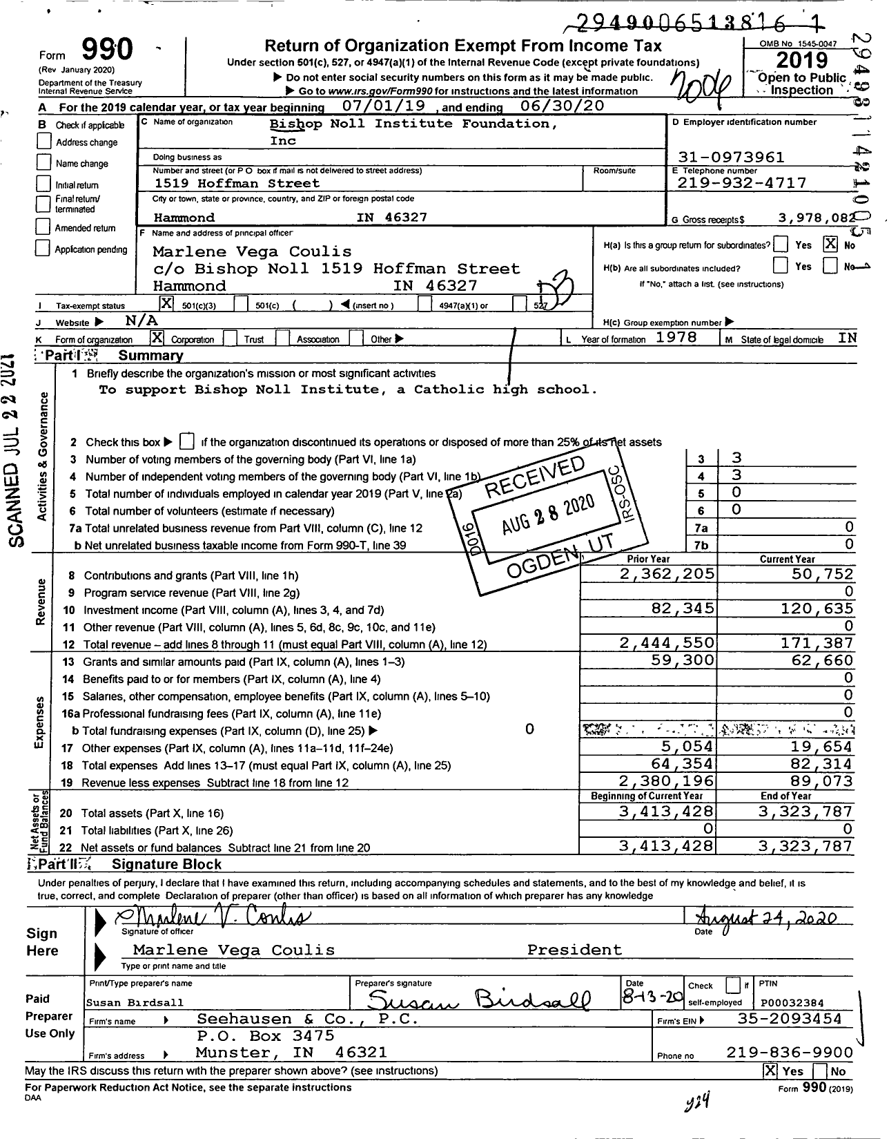 Image of first page of 2019 Form 990 for Bishop Noll Institute Foundation