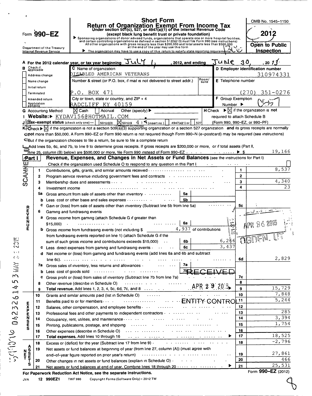 Image of first page of 2012 Form 990EO for Disabled American Veterans Chapter 156