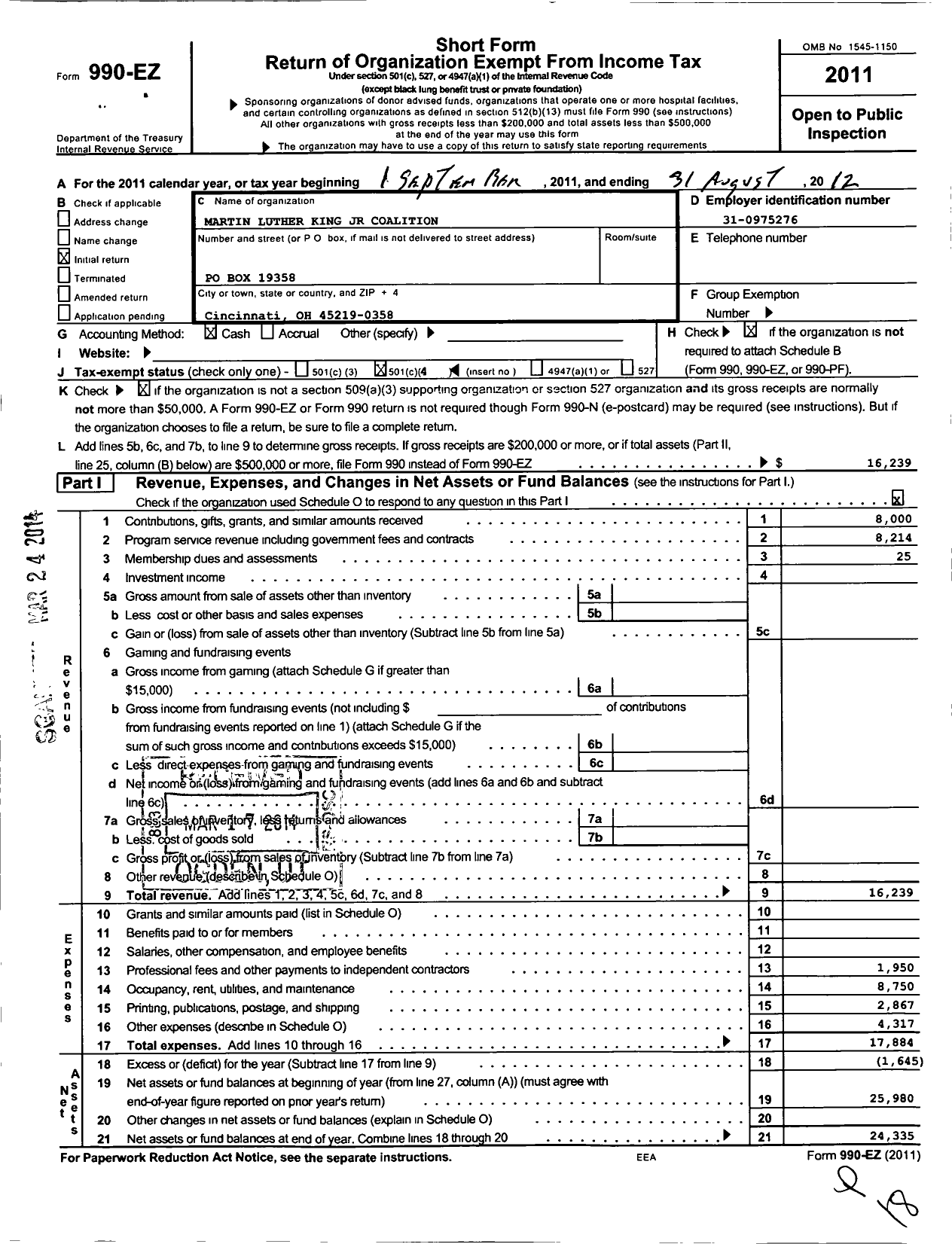 Image of first page of 2011 Form 990EO for Martin Luther King JR Coalition