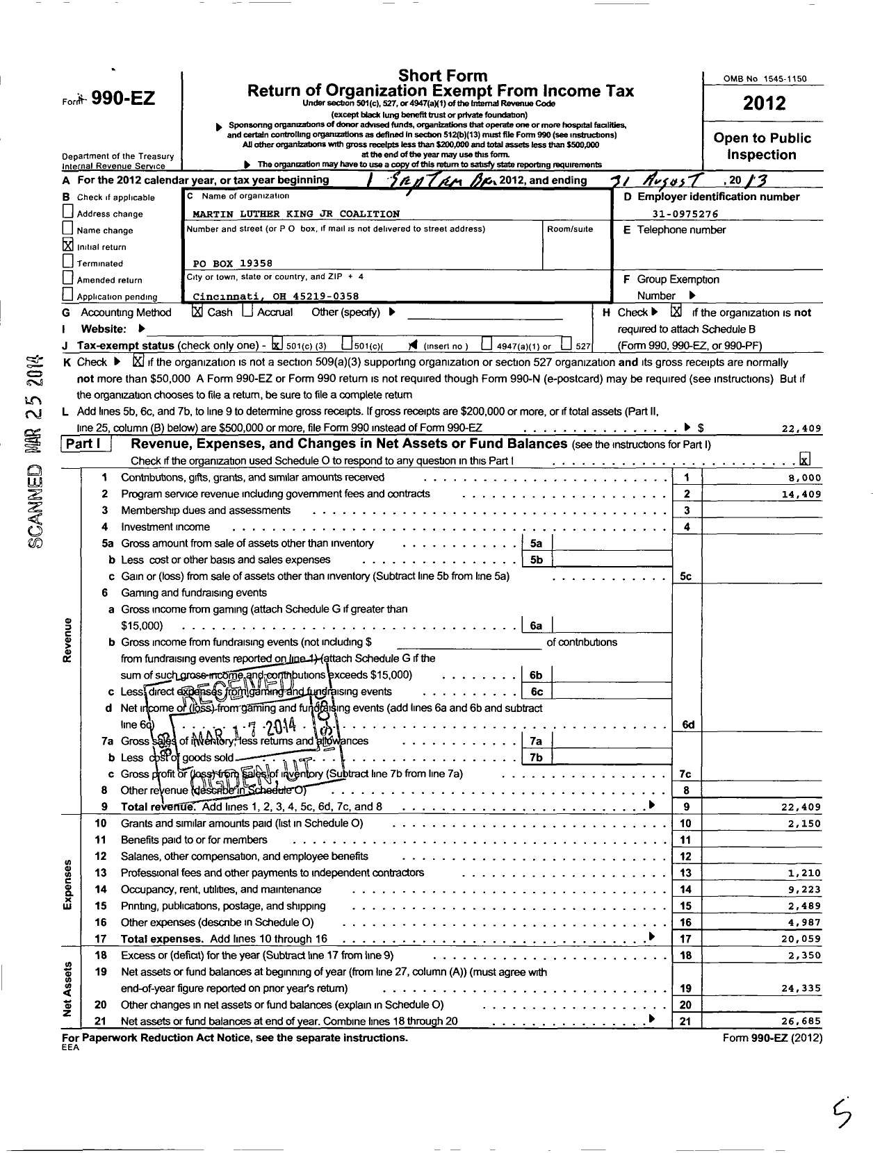 Image of first page of 2012 Form 990EZ for Martin Luther King JR Coalition