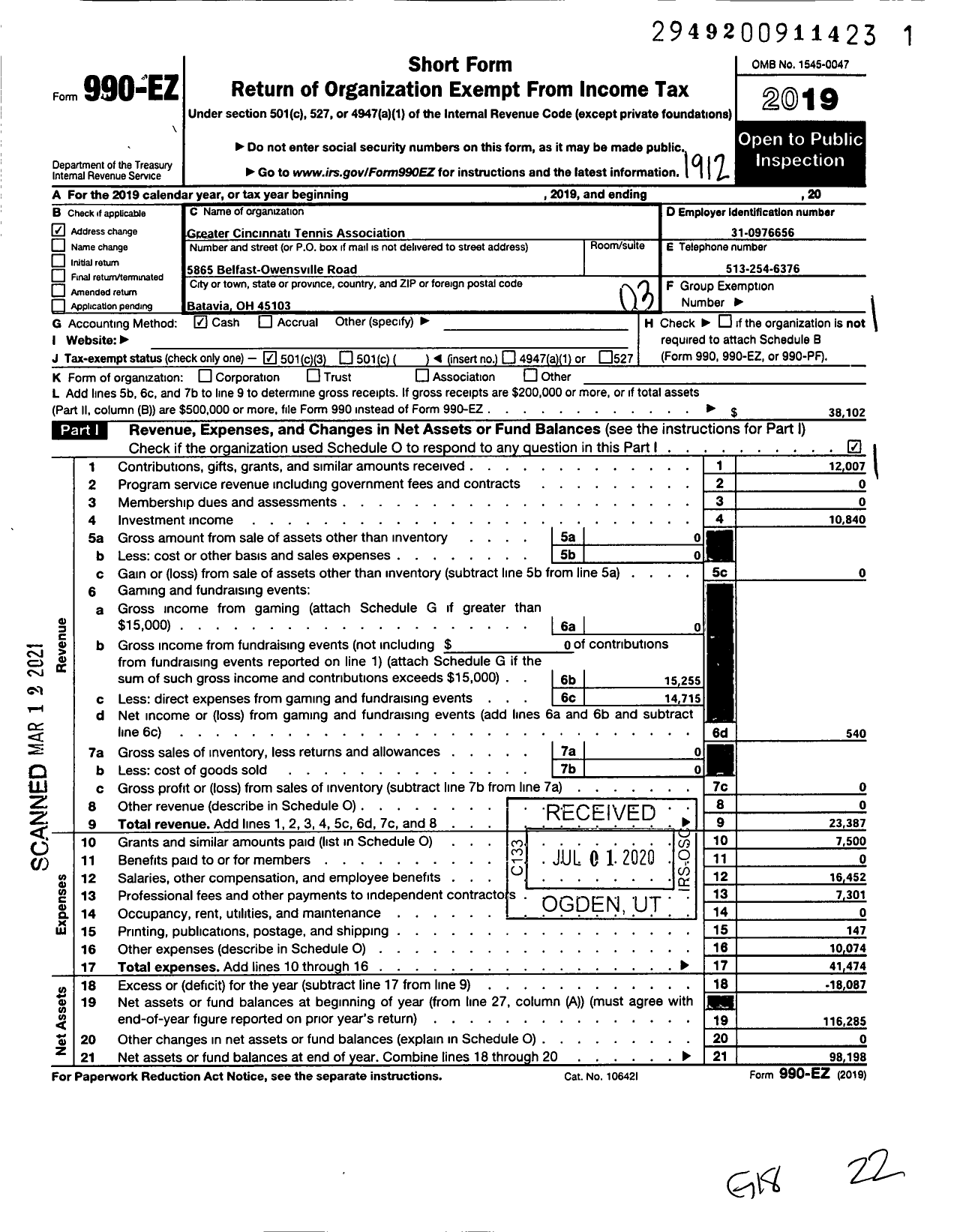 Image of first page of 2019 Form 990EZ for Greater Cincinnati Tennis Association