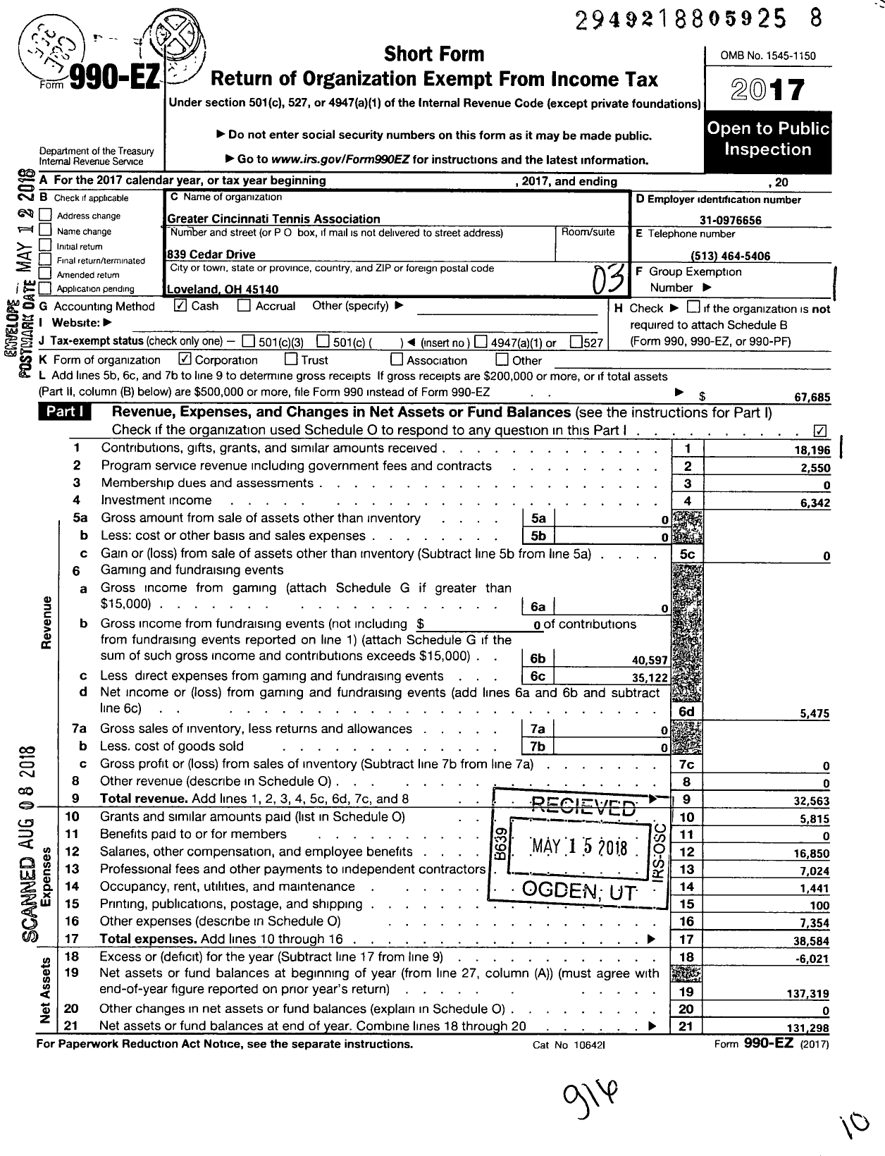 Image of first page of 2017 Form 990EZ for Greater Cincinnati Tennis Association