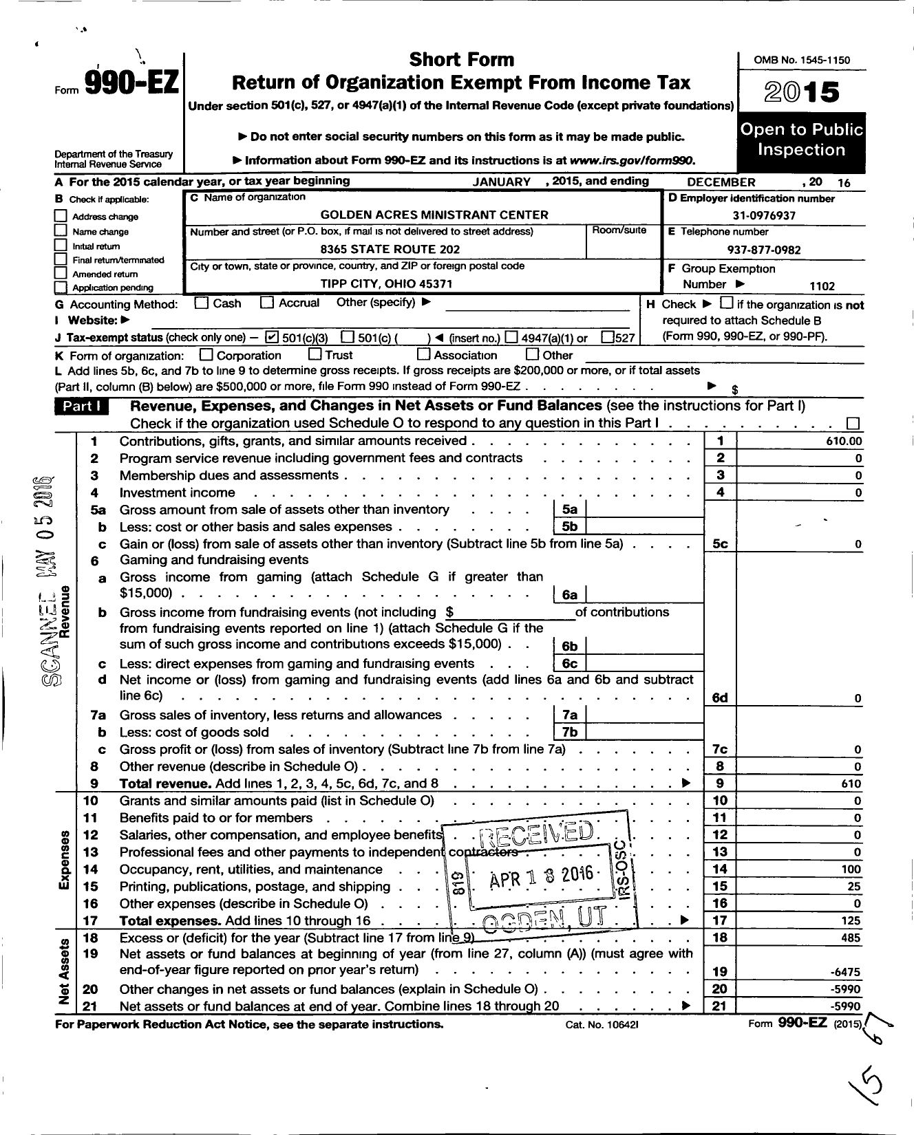 Image of first page of 2015 Form 990EZ for Golden Acres Ministrant Center