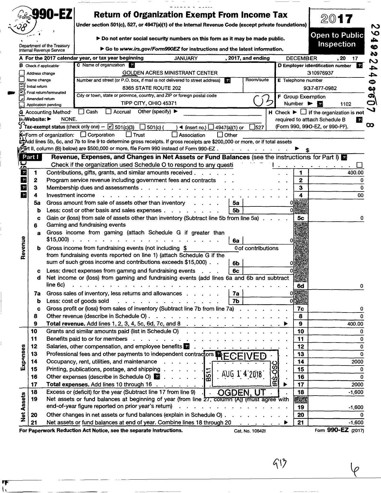 Image of first page of 2017 Form 990EZ for Golden Acres Ministrant Center