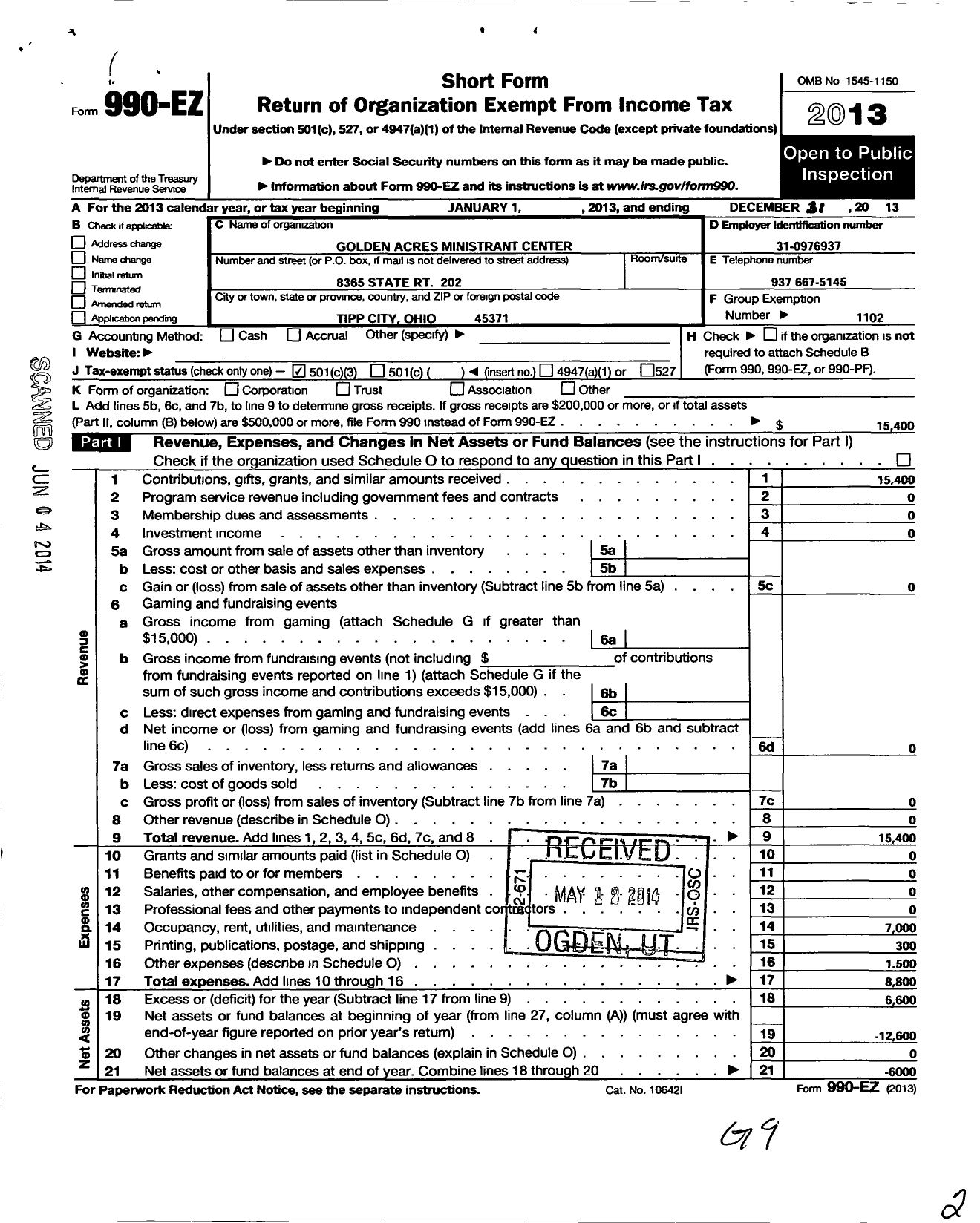 Image of first page of 2013 Form 990EZ for Golden Acres Ministrant Center