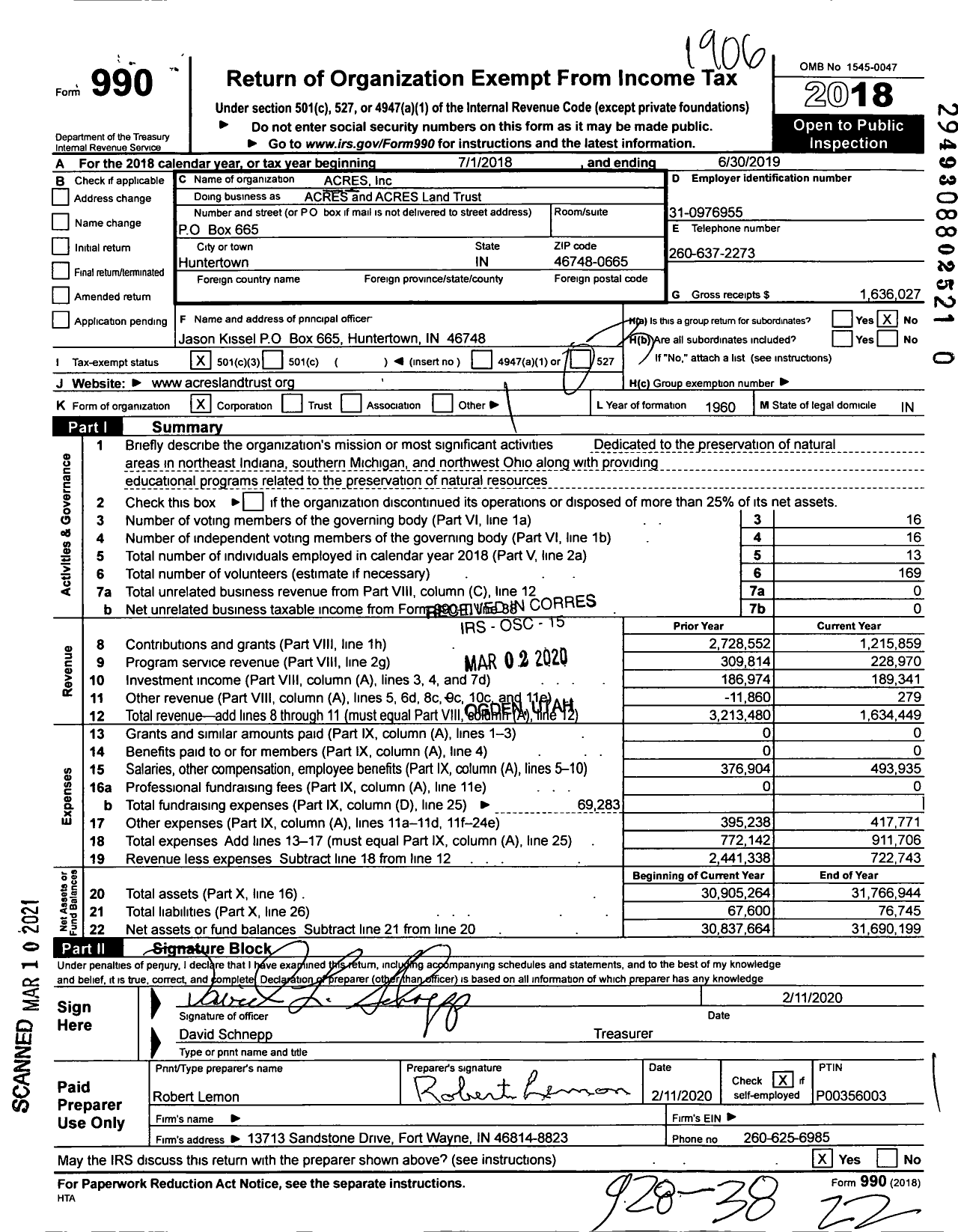 Image of first page of 2018 Form 990 for ACRES and ACRES Land Trust