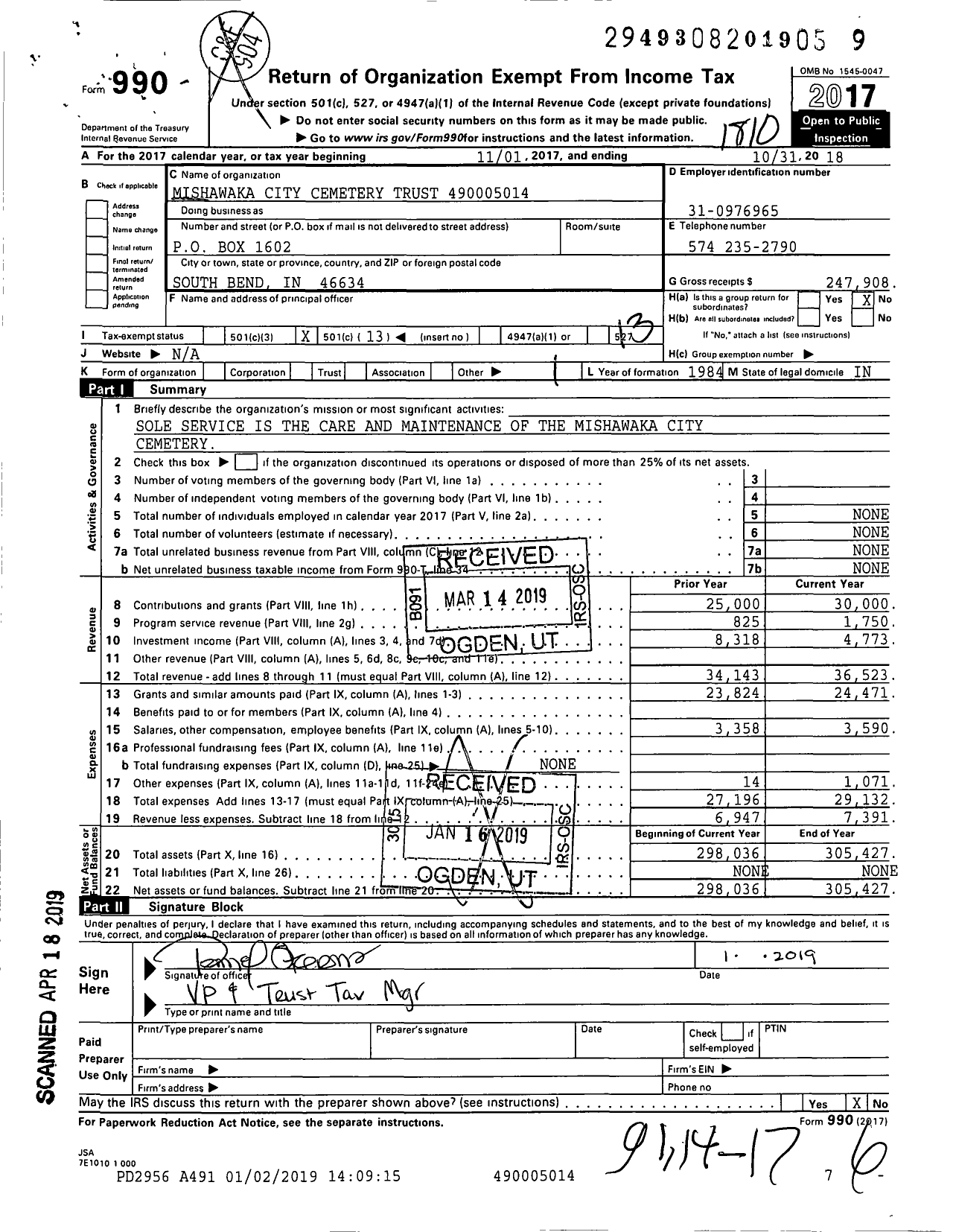 Image of first page of 2017 Form 990O for Mishawaka City Cemetery 490005014