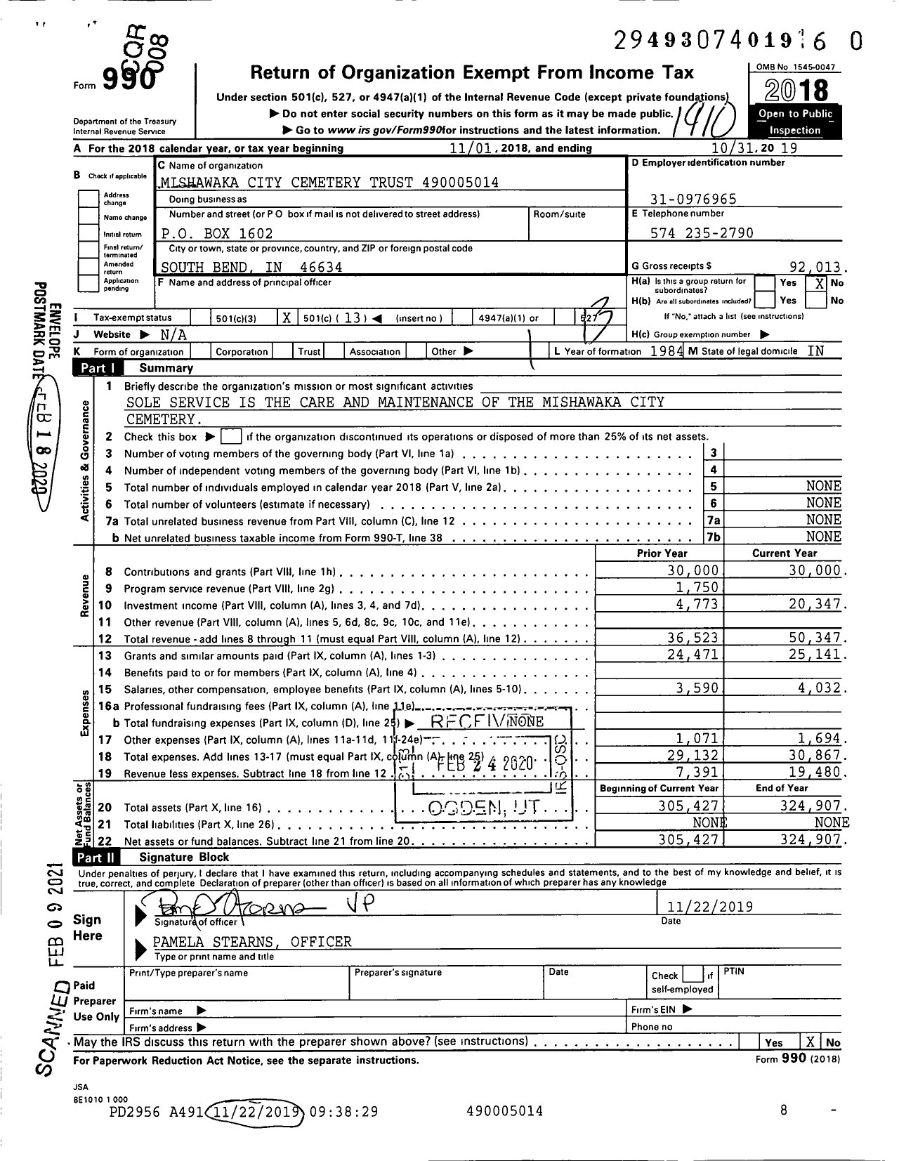 Image of first page of 2018 Form 990O for Mishawaka City Cemetery 490005014