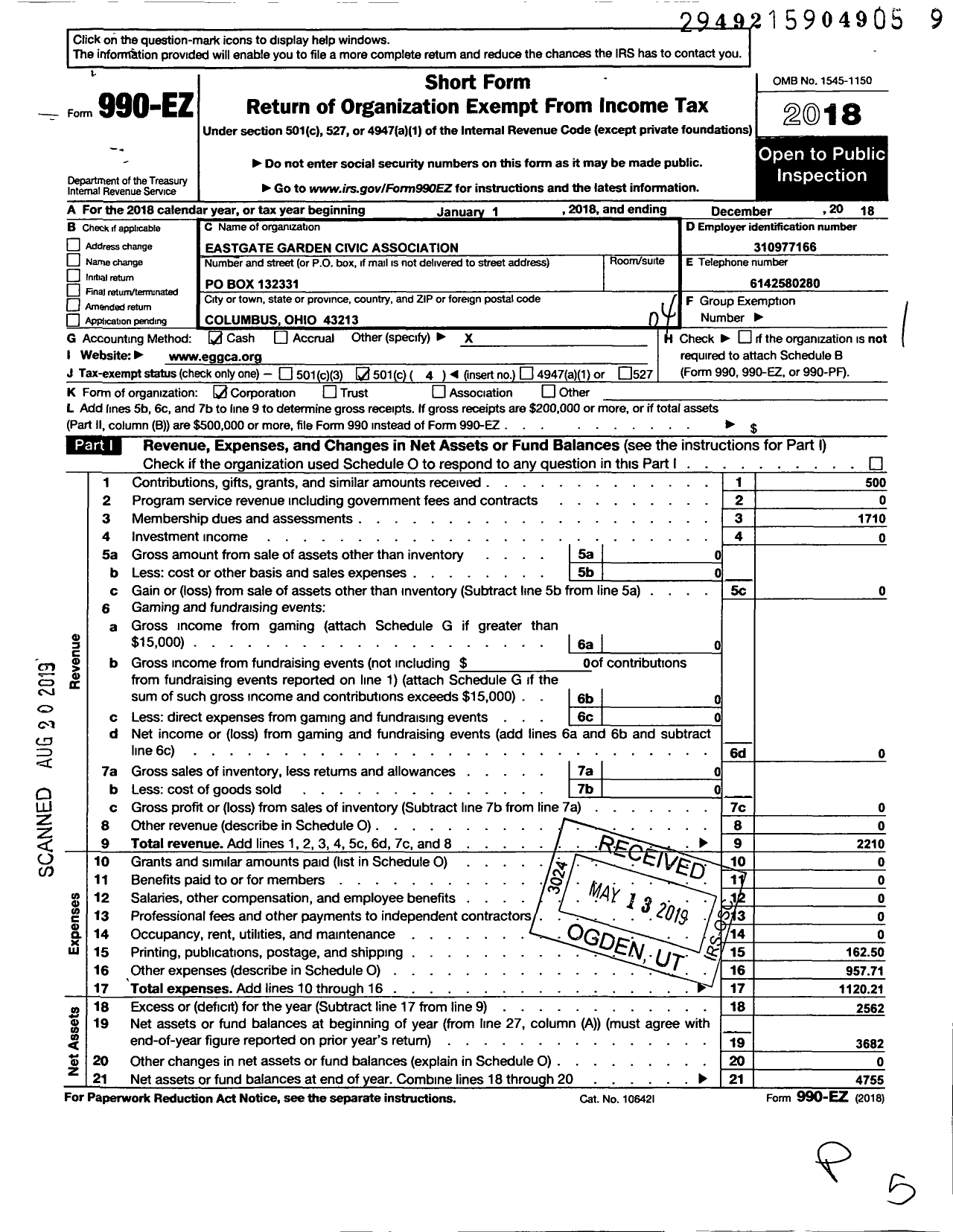 Image of first page of 2018 Form 990EO for Eastgate Garden Civic Association