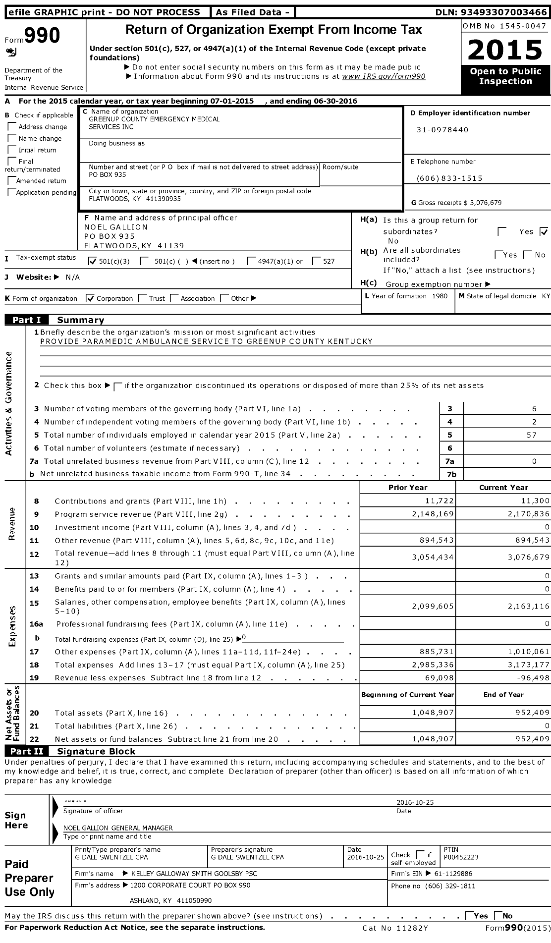 Image of first page of 2015 Form 990 for Greenup County Emergency Medical Services