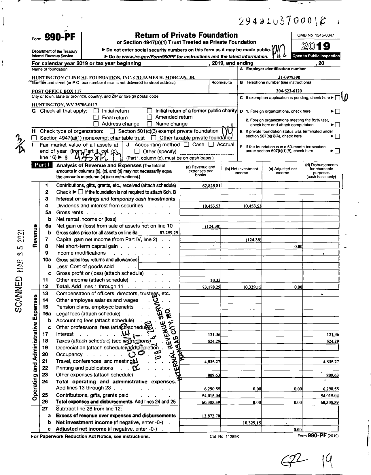 Image of first page of 2019 Form 990PF for Huntington Clinical Foundation