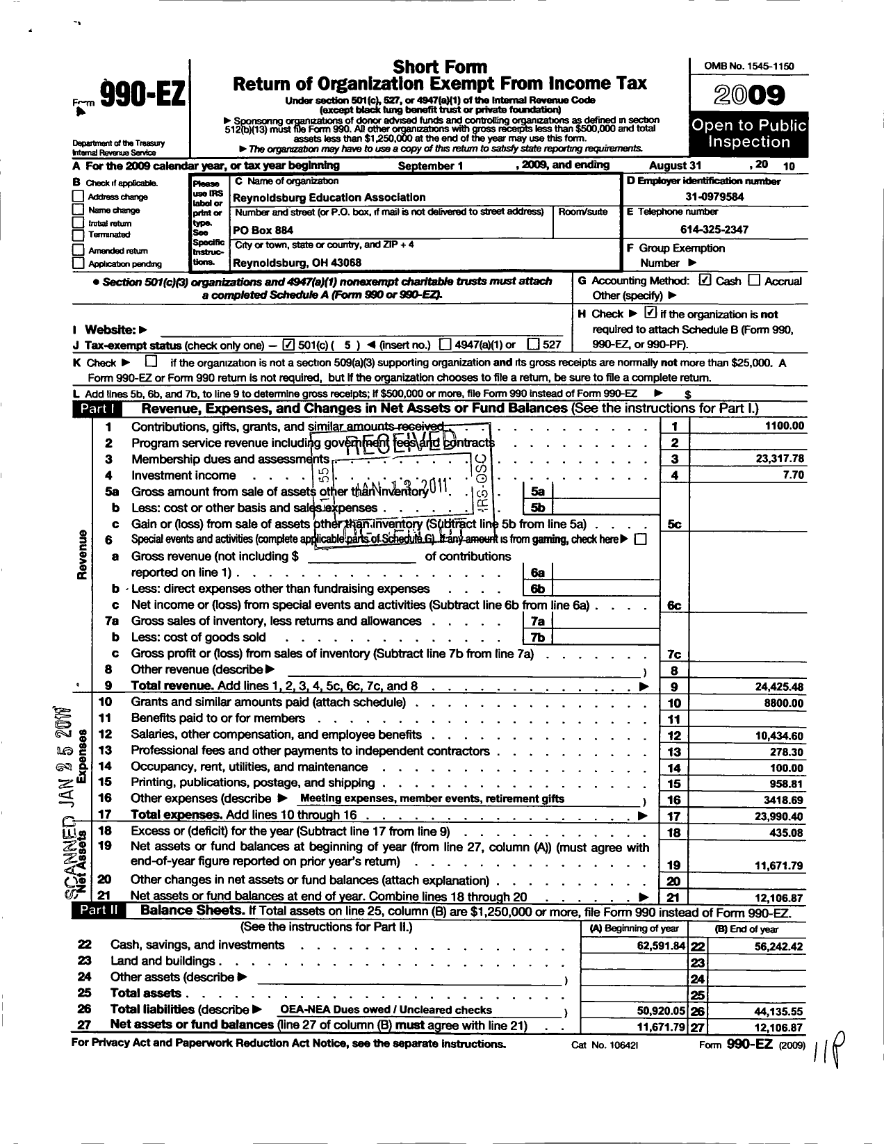 Image of first page of 2009 Form 990EO for Reynoldsburg Education Association