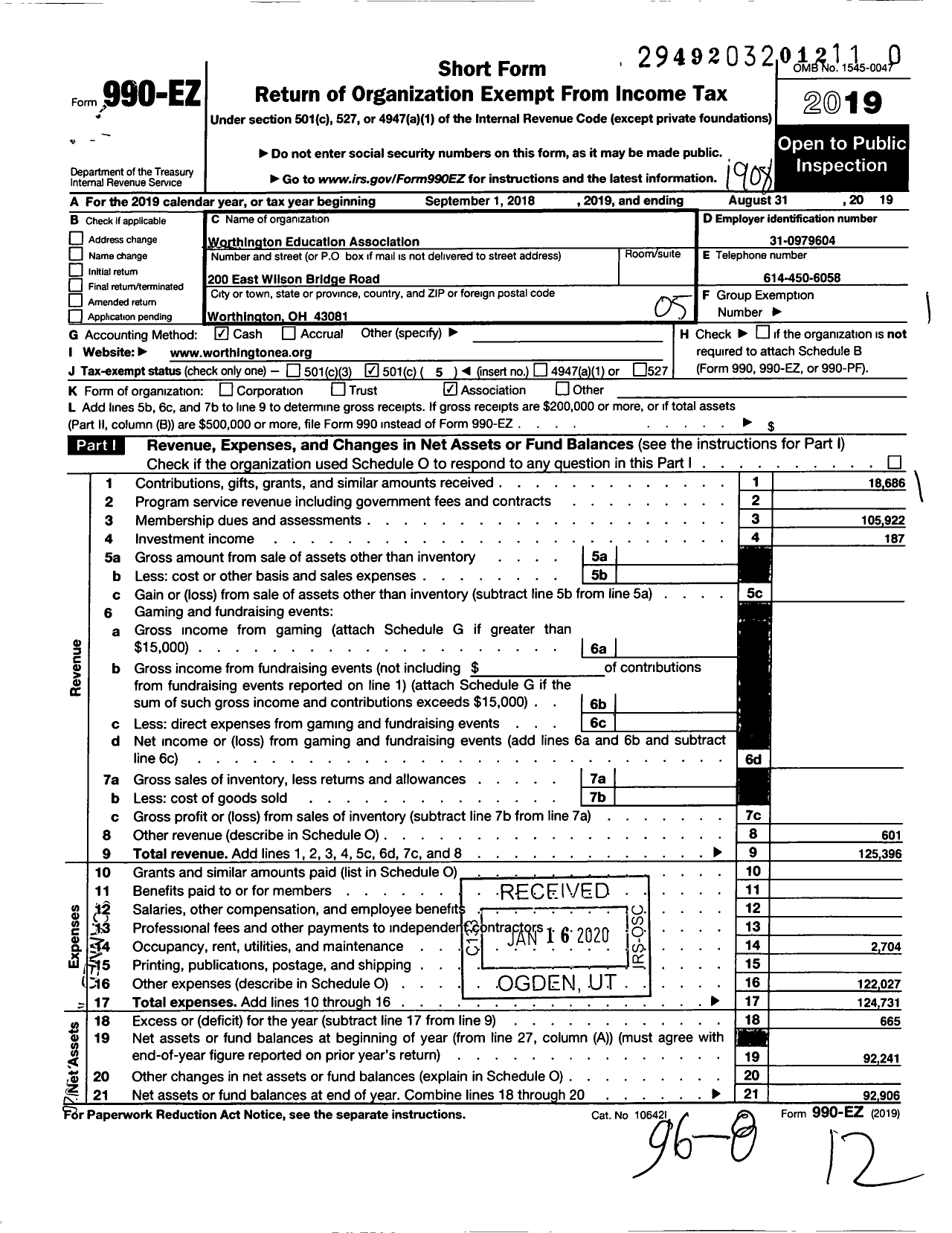 Image of first page of 2018 Form 990EO for Worthington Education Association