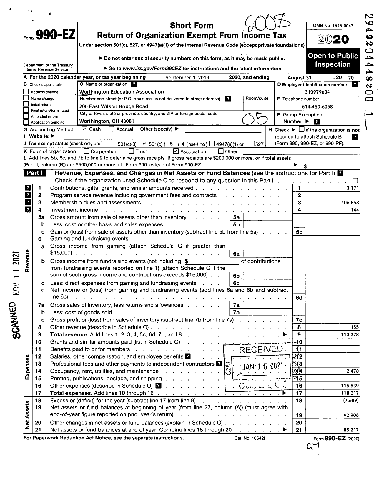 Image of first page of 2019 Form 990EO for Worthington Education Association