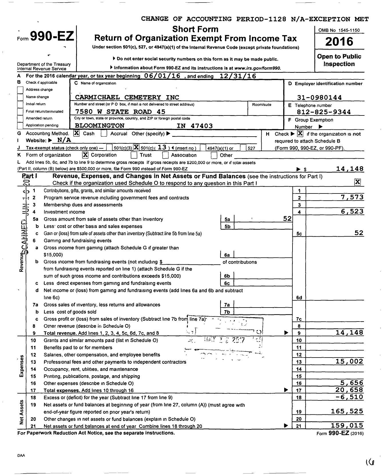 Image of first page of 2016 Form 990EO for Carmichael Cemetery