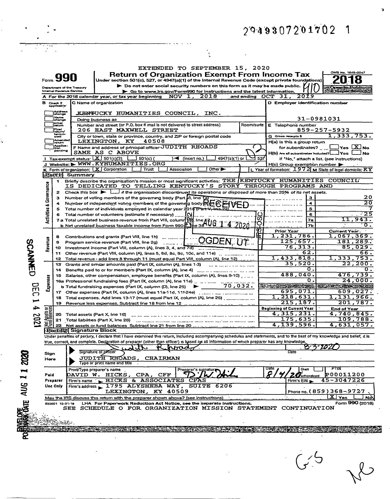 Image of first page of 2018 Form 990 for Kentucky Humanities Council