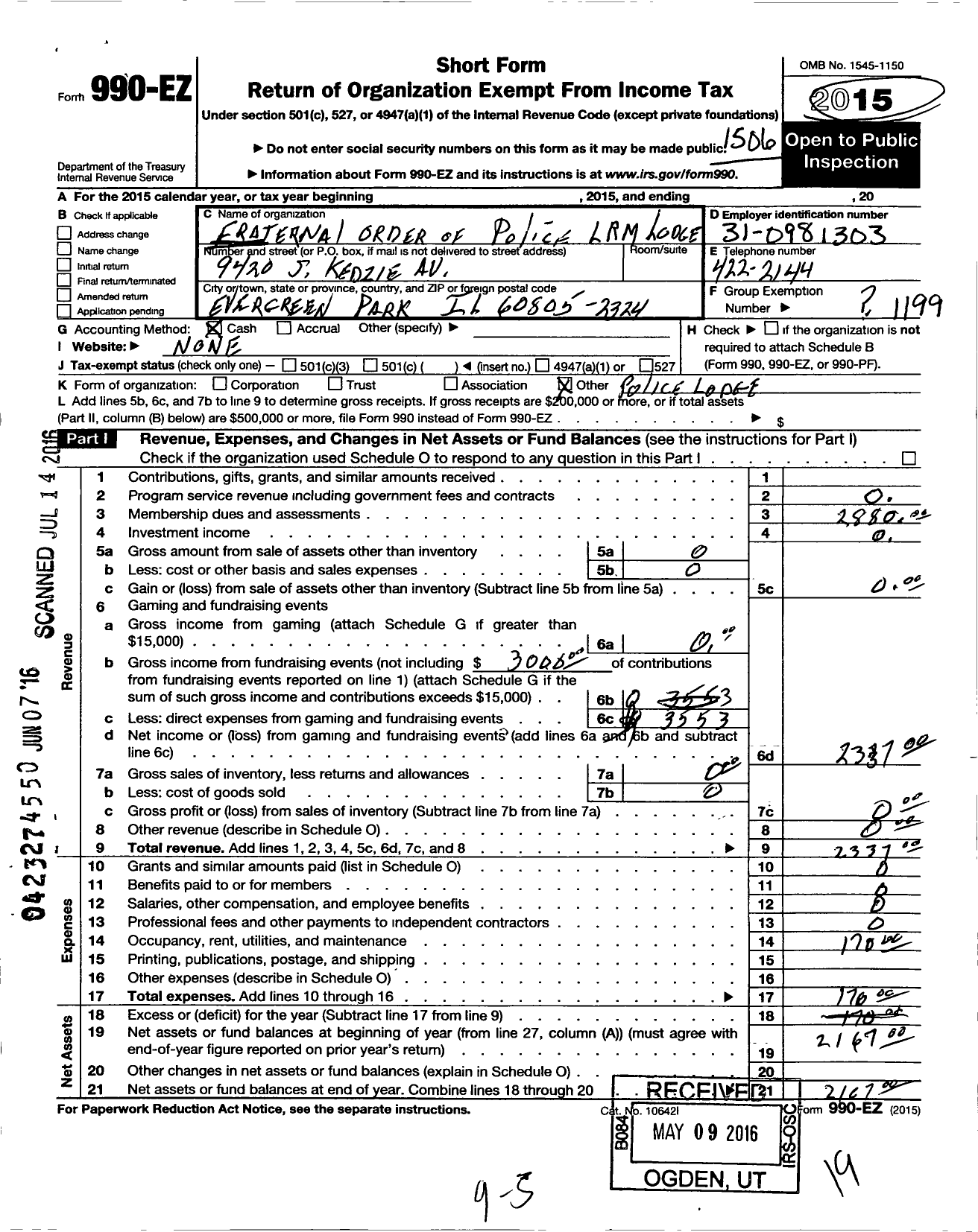 Image of first page of 2014 Form 990EO for Fraternal Order of Police - 27 Larry Rizzo Memorial Lodge