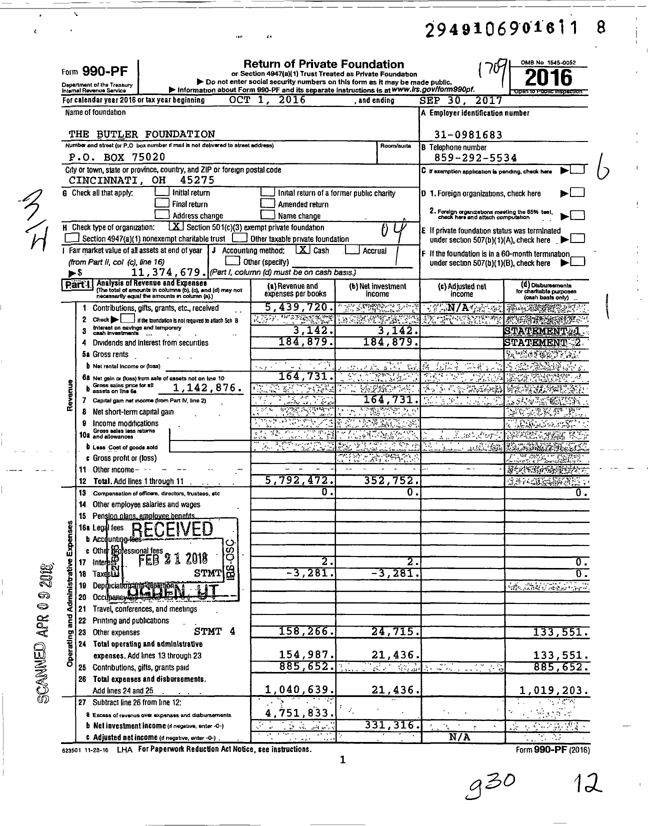Image of first page of 2016 Form 990PF for The Butler Foundation