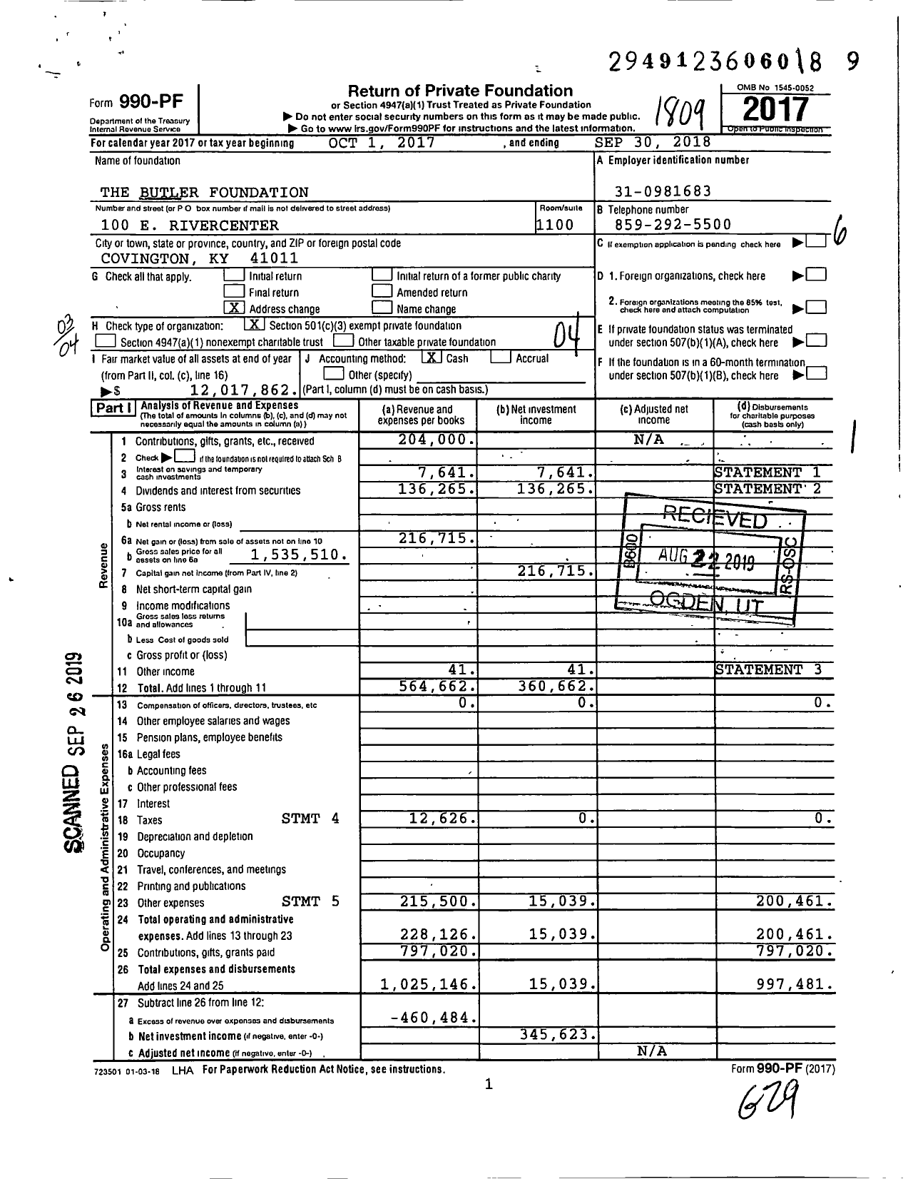 Image of first page of 2017 Form 990PF for The Butler Foundation