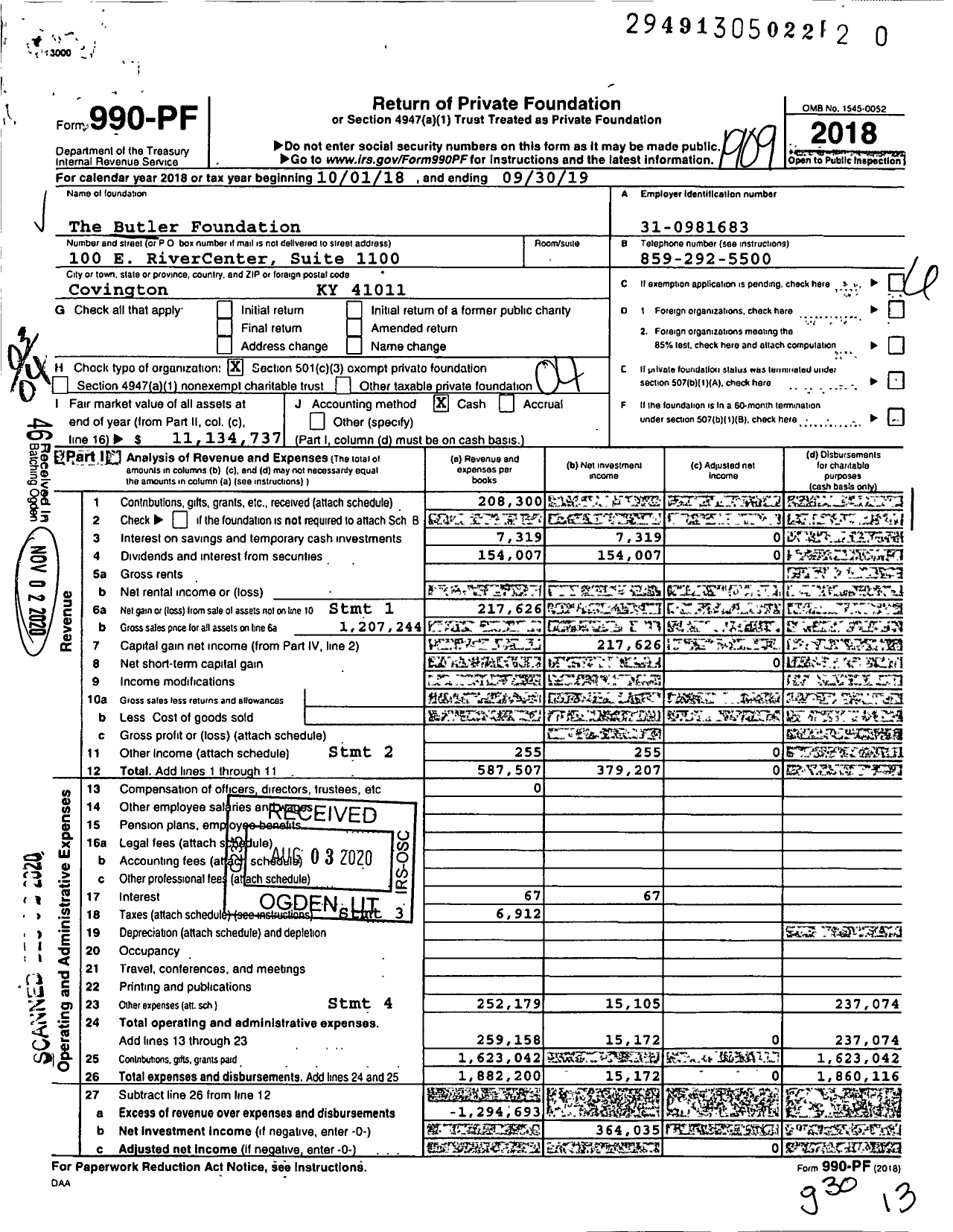Image of first page of 2018 Form 990PF for The Butler Foundation