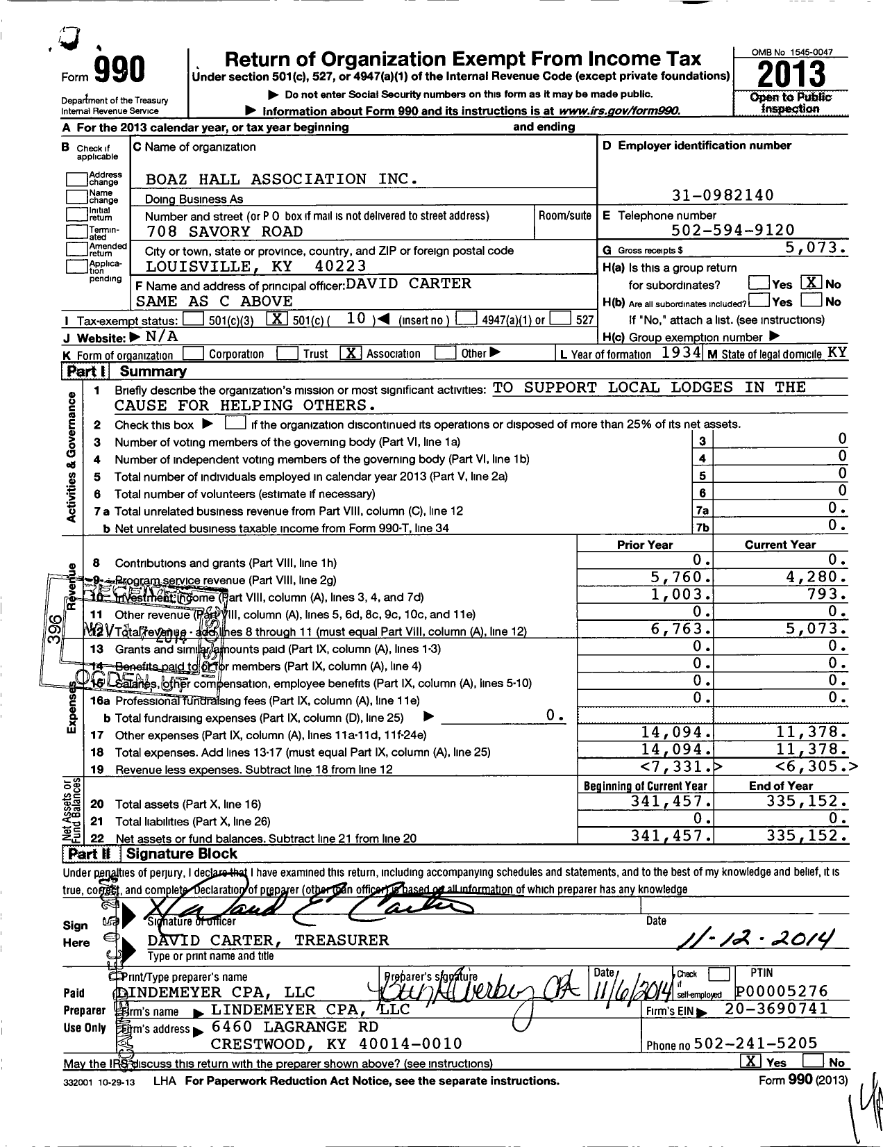 Image of first page of 2013 Form 990O for Boaz Hall Association