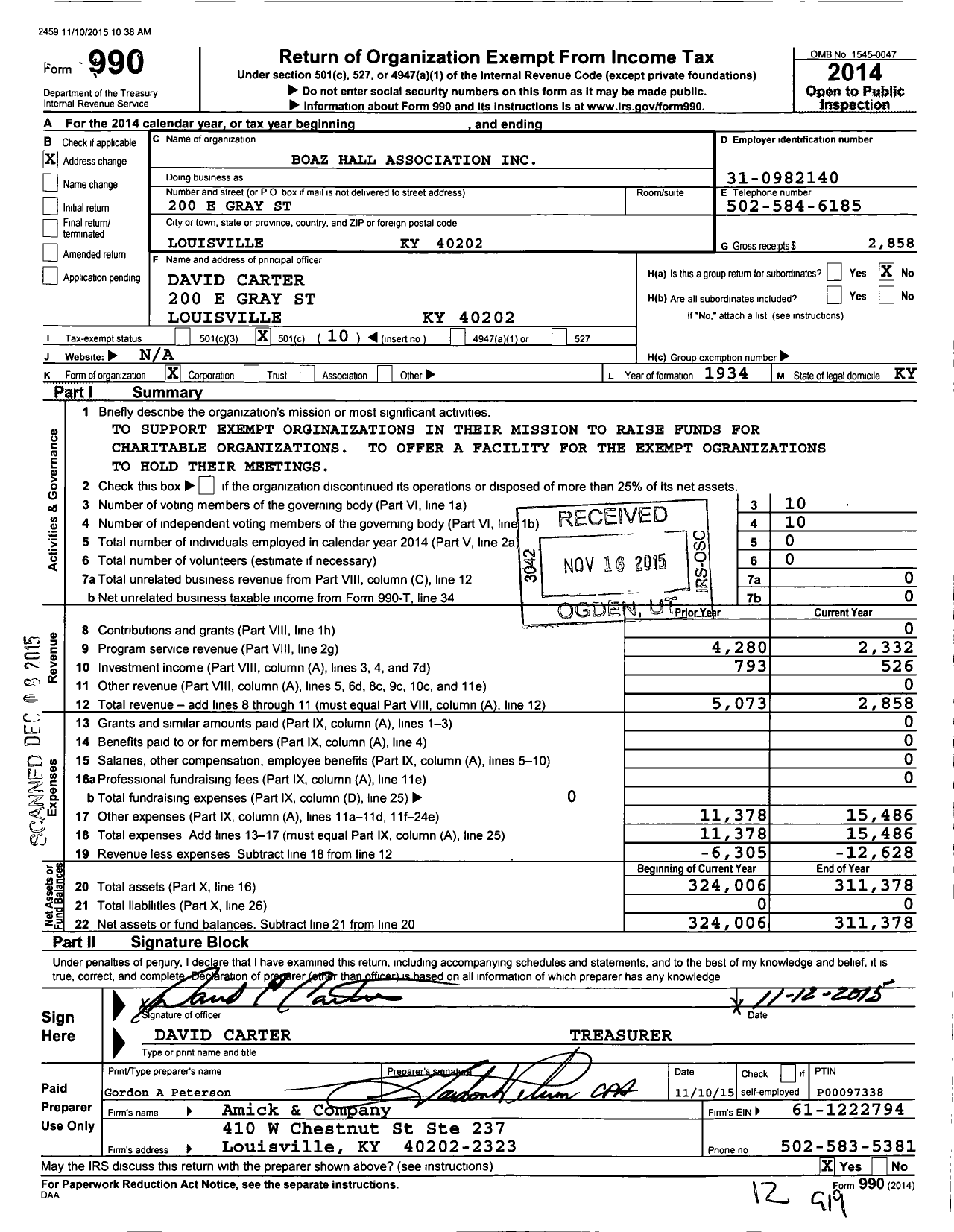 Image of first page of 2014 Form 990O for Boaz Hall Association