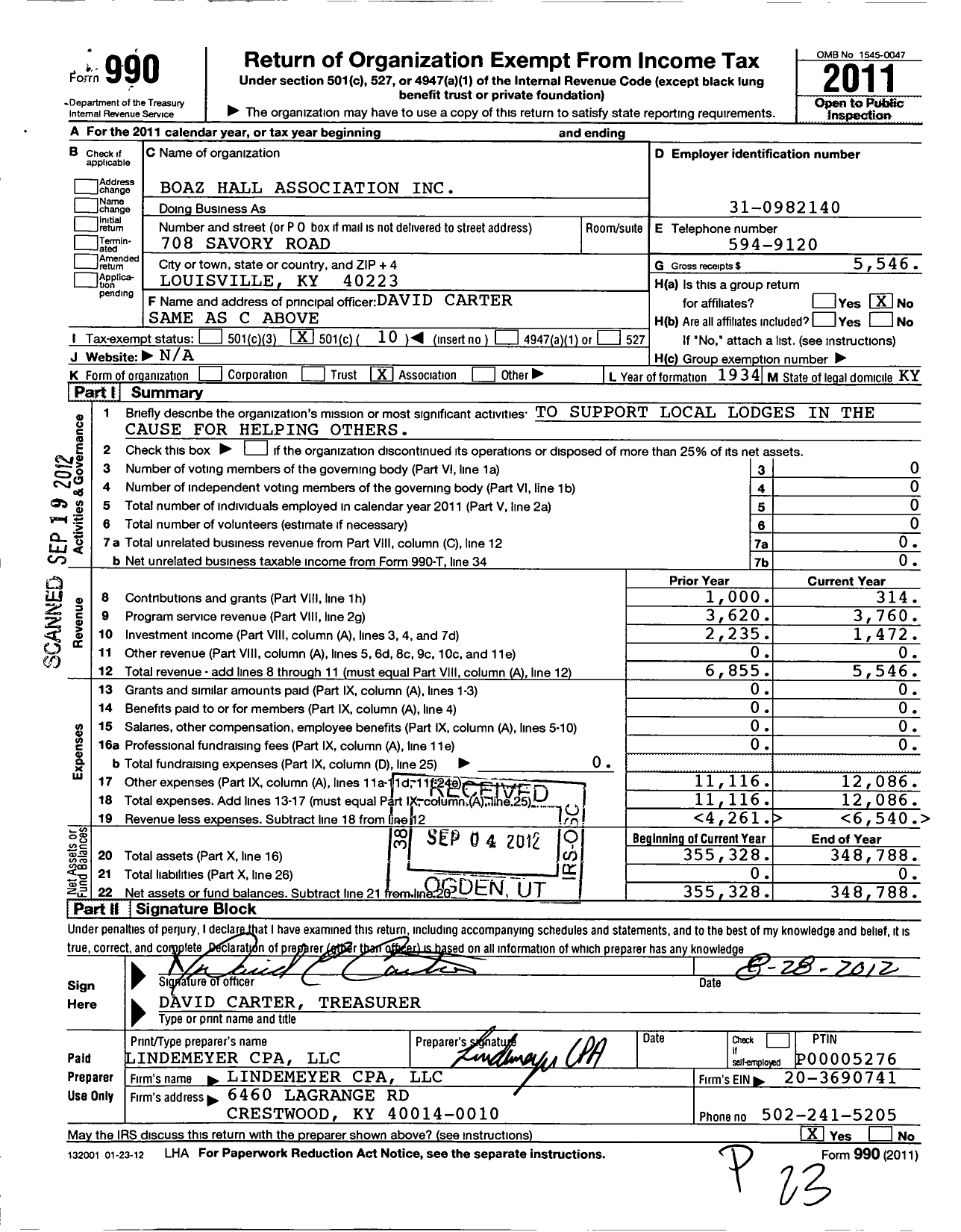 Image of first page of 2011 Form 990O for Boaz Hall Association