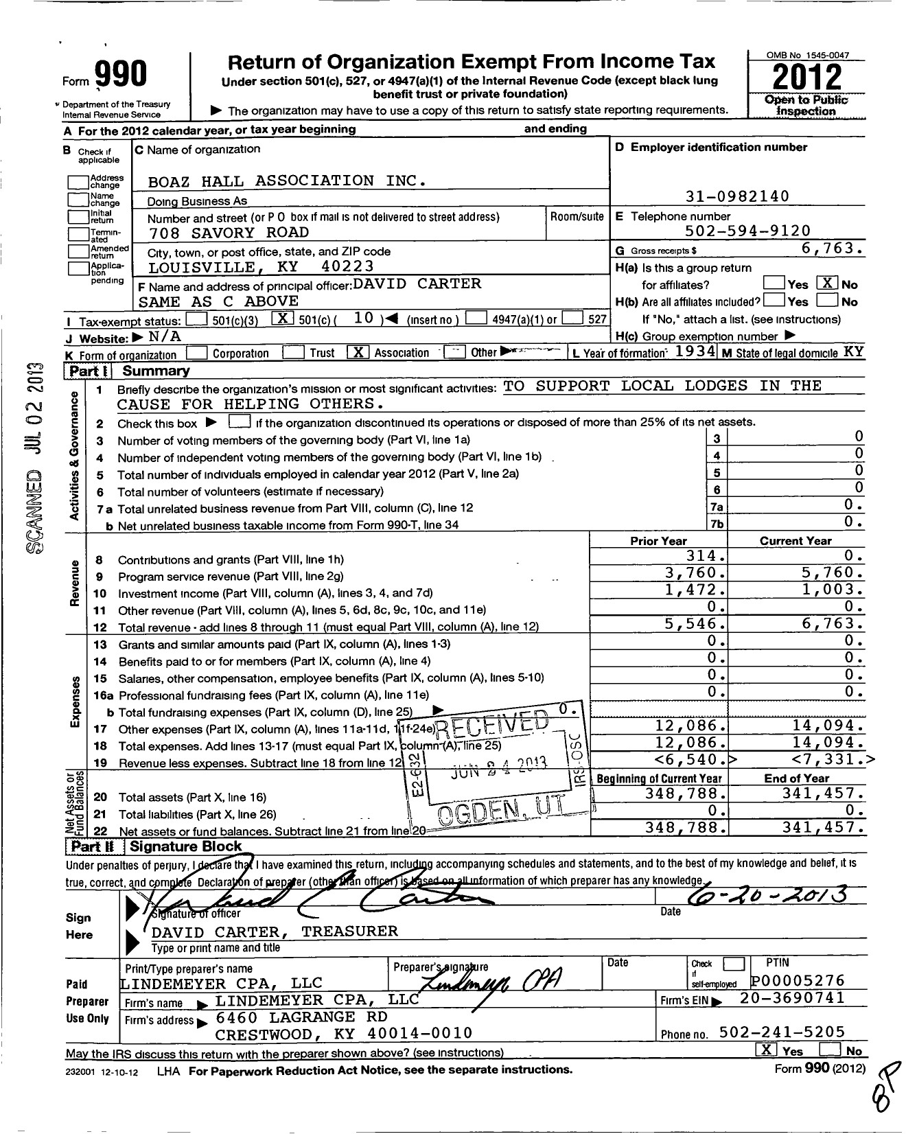 Image of first page of 2012 Form 990O for Boaz Hall Association