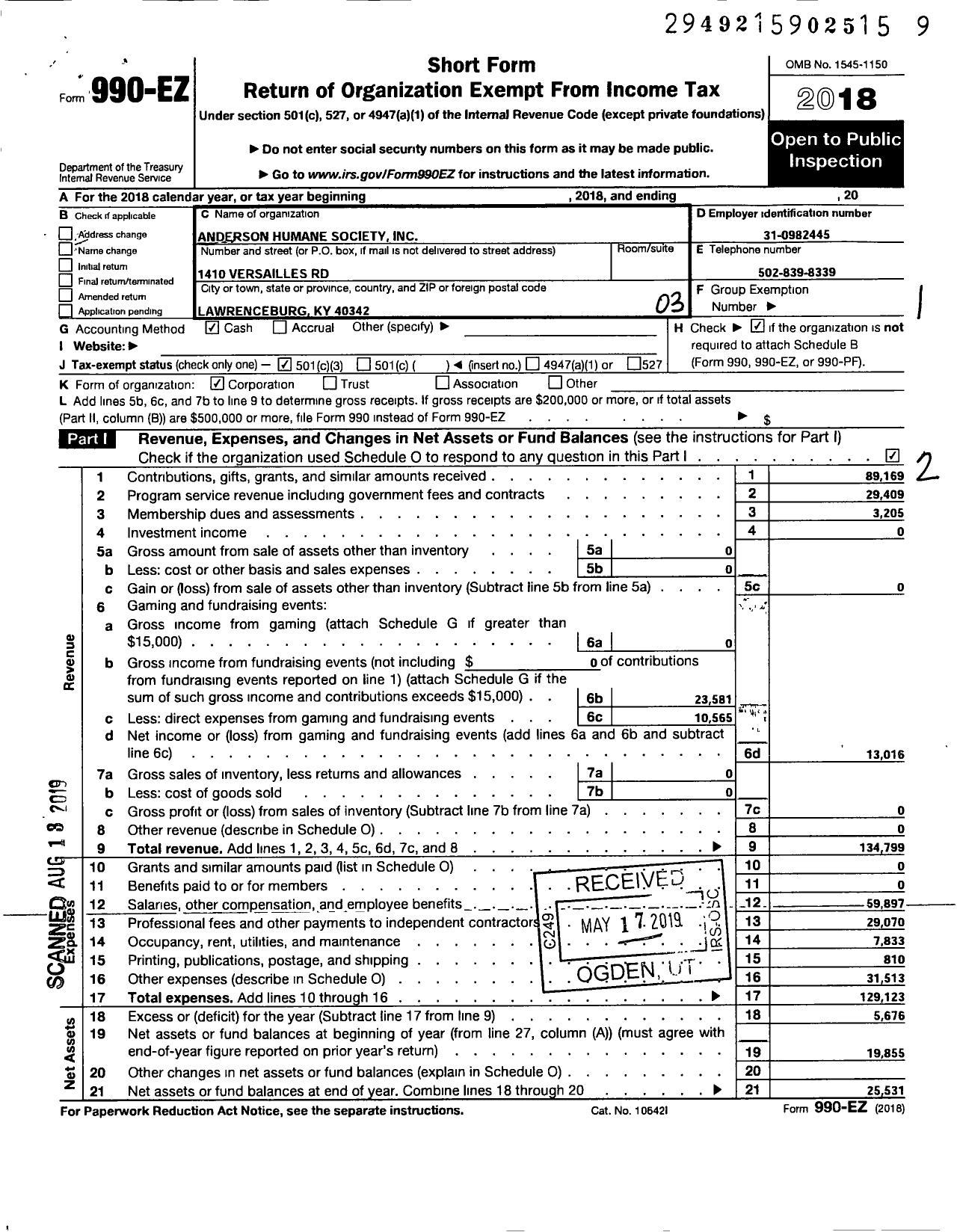 Image of first page of 2018 Form 990EZ for Anderson Humane Society