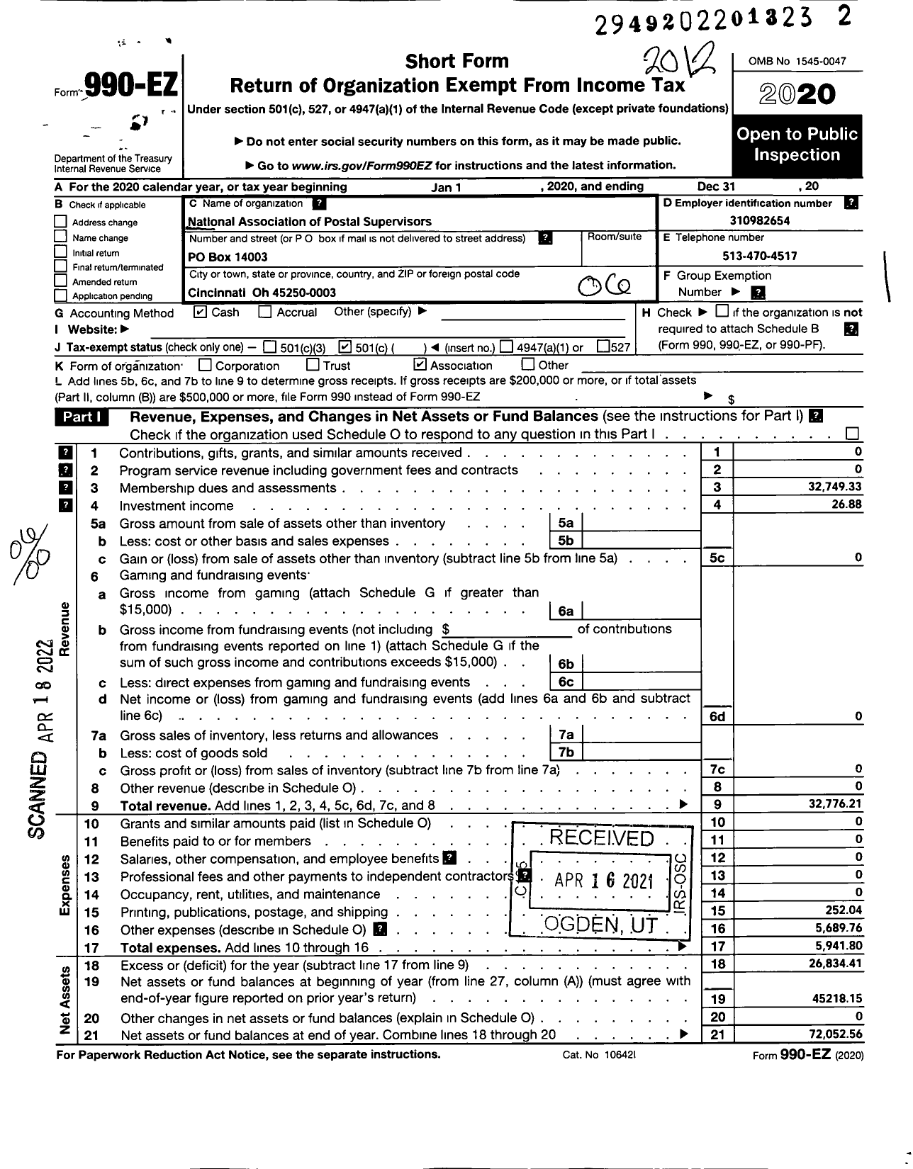 Image of first page of 2020 Form 990EO for National Association of Postal Supervisors - Branch 29