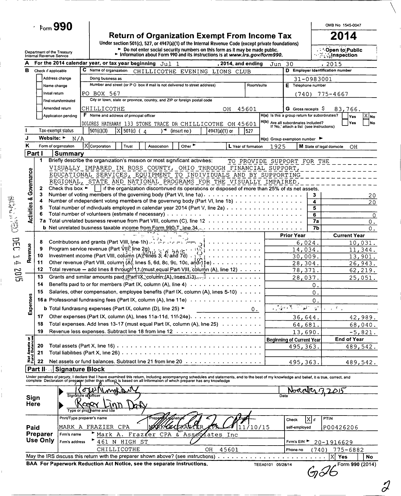 Image of first page of 2014 Form 990O for Lions Clubs - Chillicothe Evening Lions Club