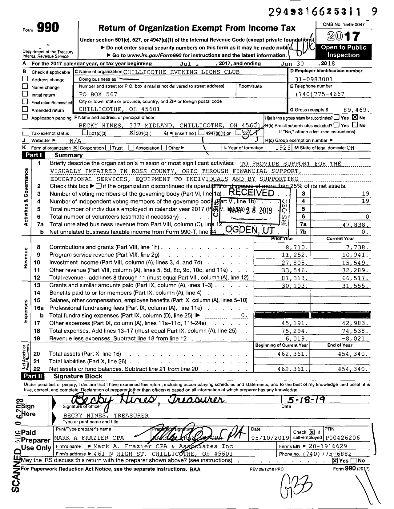 Image of first page of 2017 Form 990O for Lions Clubs - Chillicothe Evening Lions Club