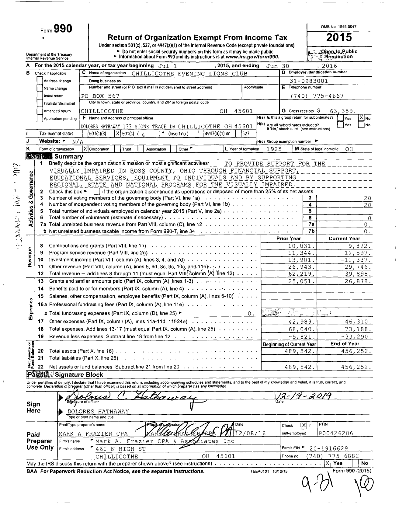 Image of first page of 2015 Form 990O for Lions Clubs - Chillicothe Evening Lions Club