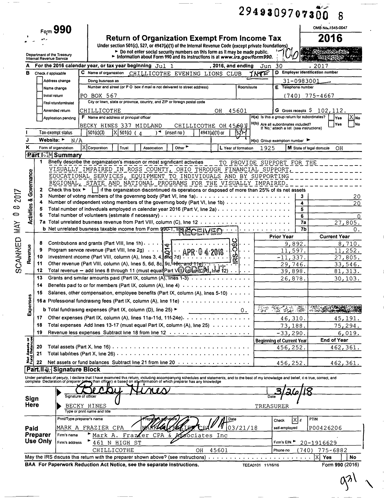 Image of first page of 2016 Form 990O for Lions Clubs - Chillicothe Evening Lions Club