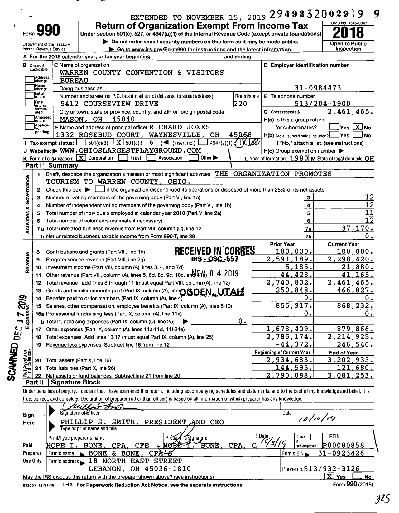 Image of first page of 2018 Form 990O for Warren County Convention and Visitors Bureau (WCCVB)