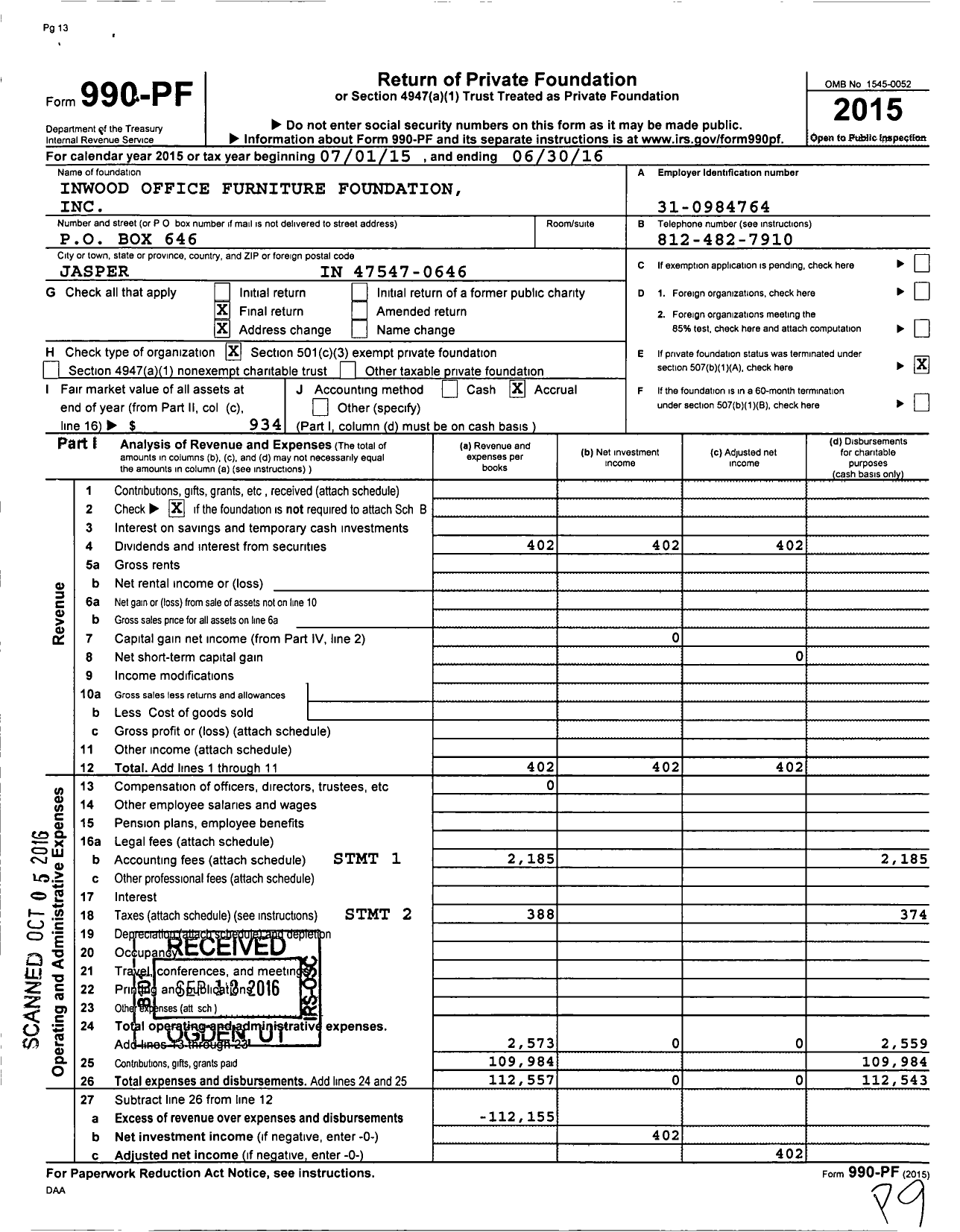 Image of first page of 2015 Form 990PF for Inwood Office Furniture Foundation