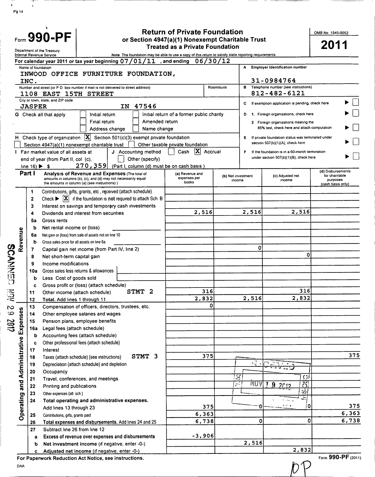 Image of first page of 2011 Form 990PF for Inwood Office Furniture Foundation