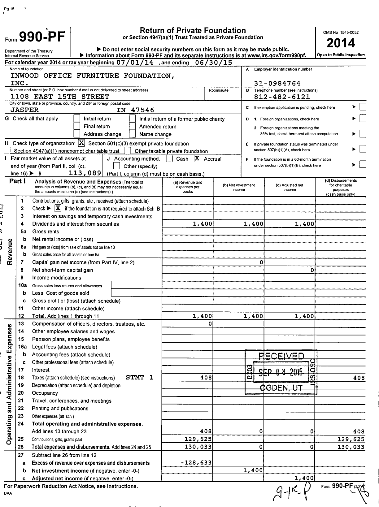 Image of first page of 2014 Form 990PF for Inwood Office Furniture Foundation