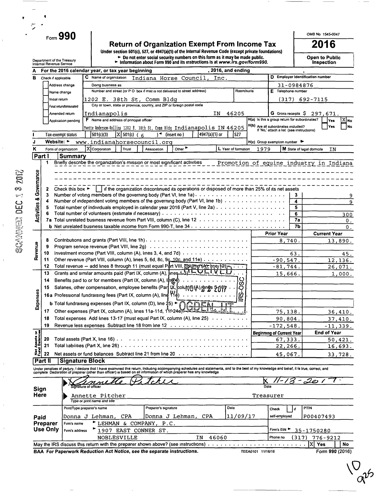 Image of first page of 2016 Form 990O for Indiana Horse Council