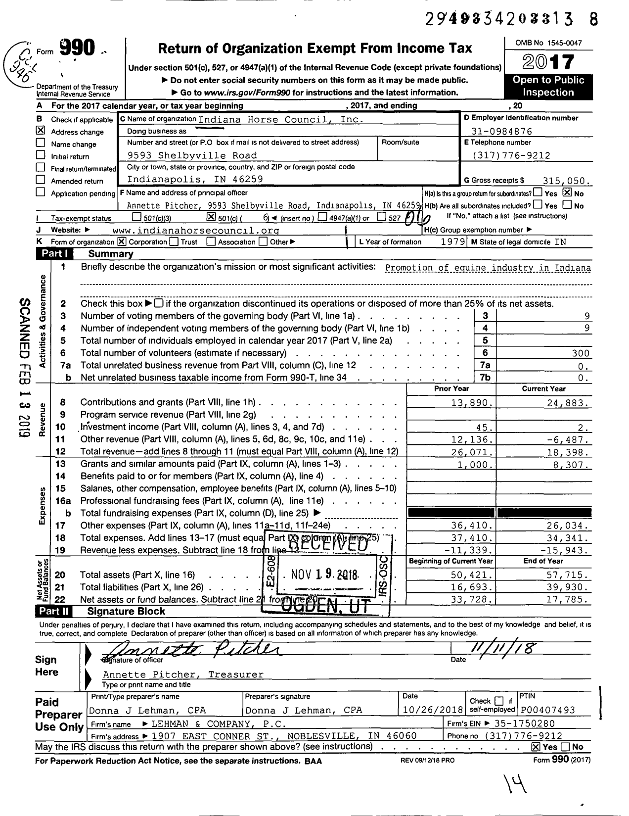 Image of first page of 2017 Form 990O for Indiana Horse Council