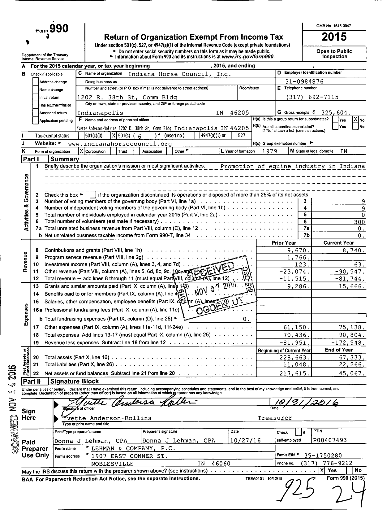 Image of first page of 2015 Form 990O for Indiana Horse Council