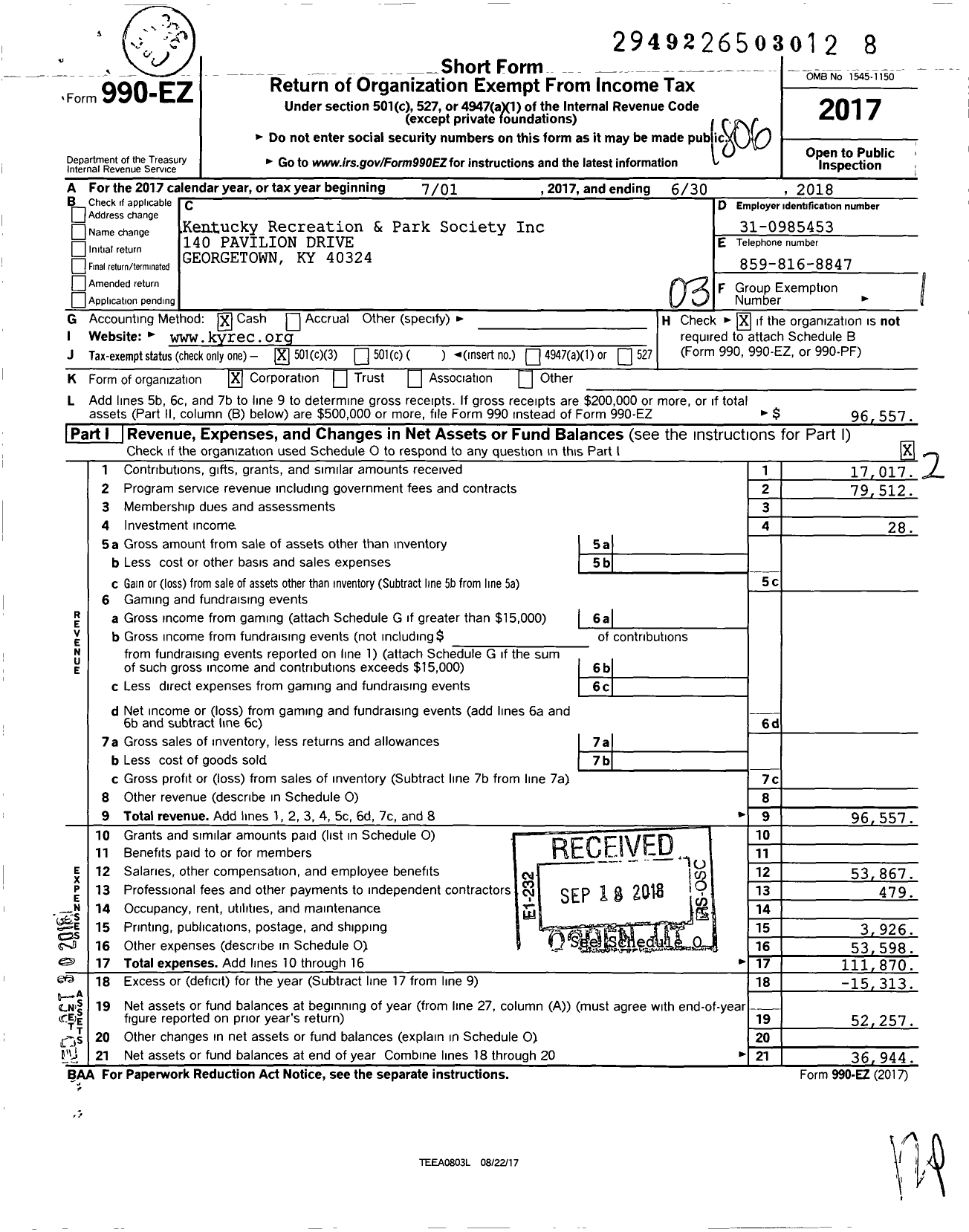 Image of first page of 2017 Form 990EZ for Kentucky Recreation and Parks Society