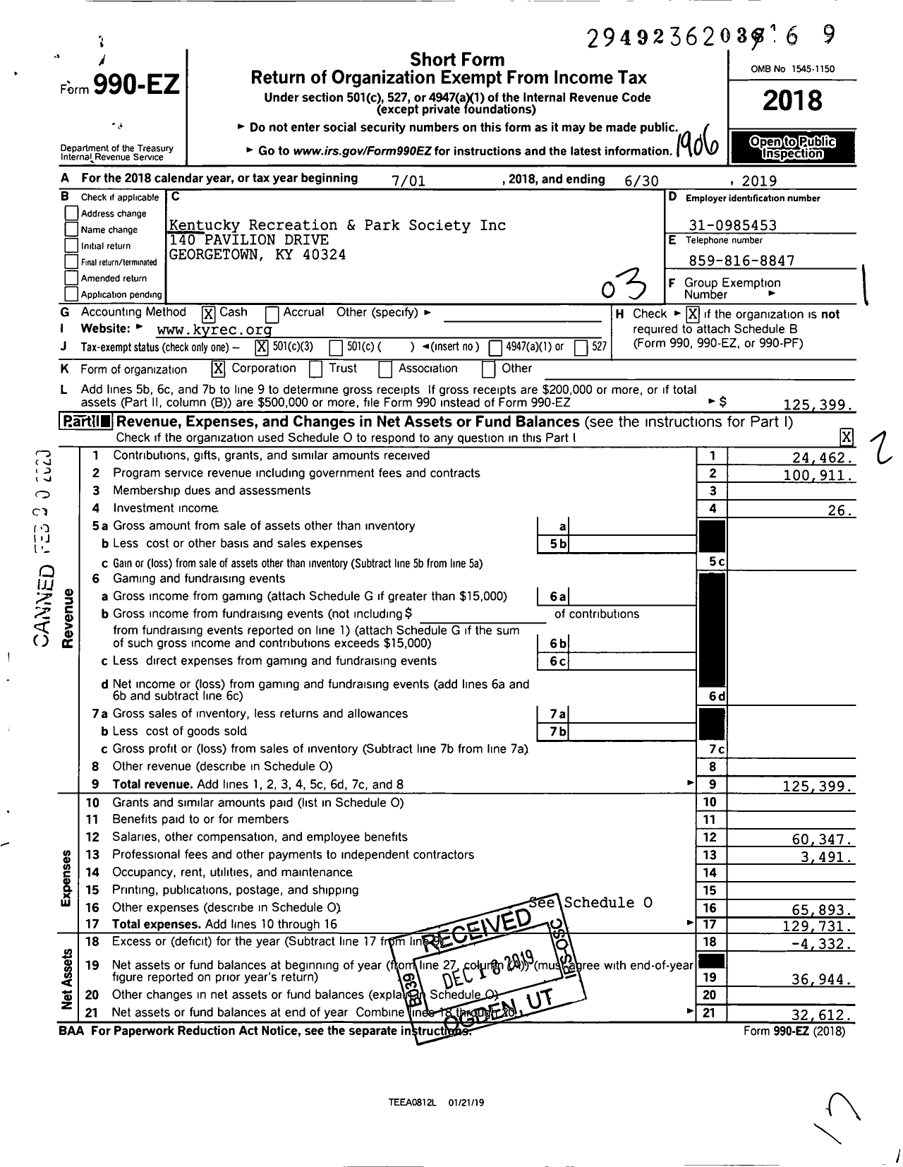 Image of first page of 2018 Form 990EZ for Kentucky Recreation and Parks Society