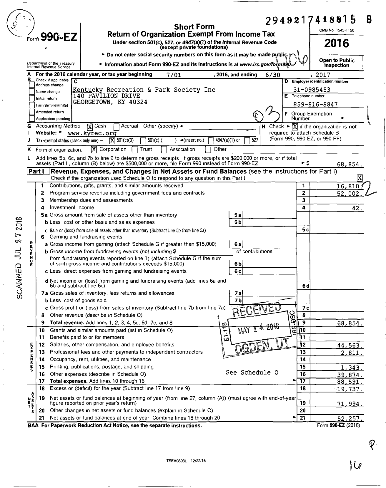 Image of first page of 2016 Form 990EZ for Kentucky Recreation and Parks Society