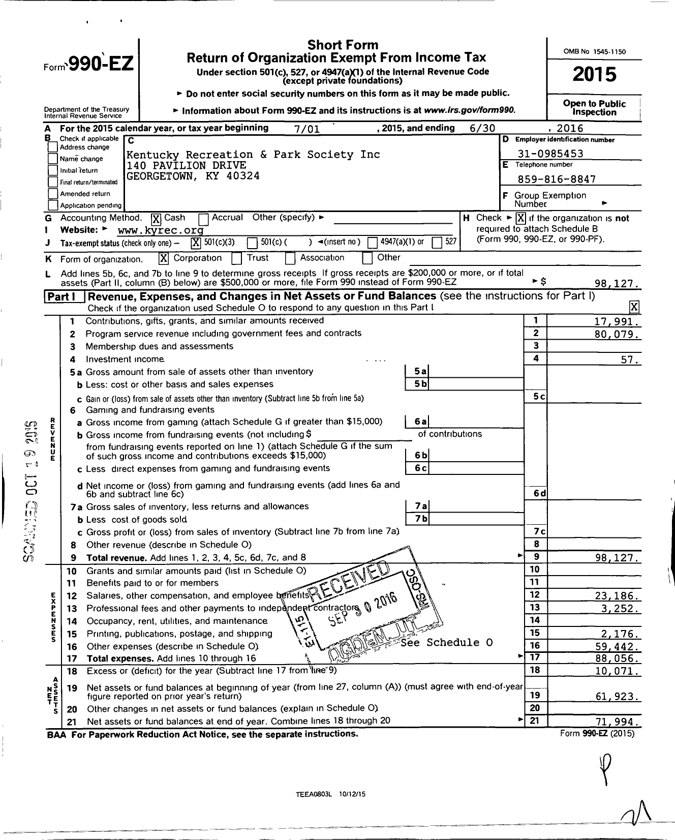 Image of first page of 2015 Form 990EZ for Kentucky Recreation and Parks Society