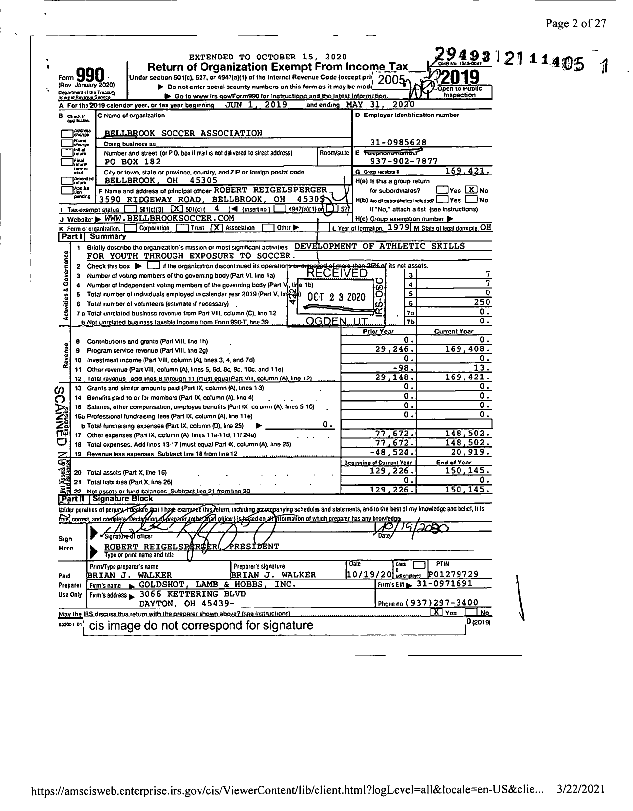 Image of first page of 2019 Form 990O for Bellbrook Soccer Association